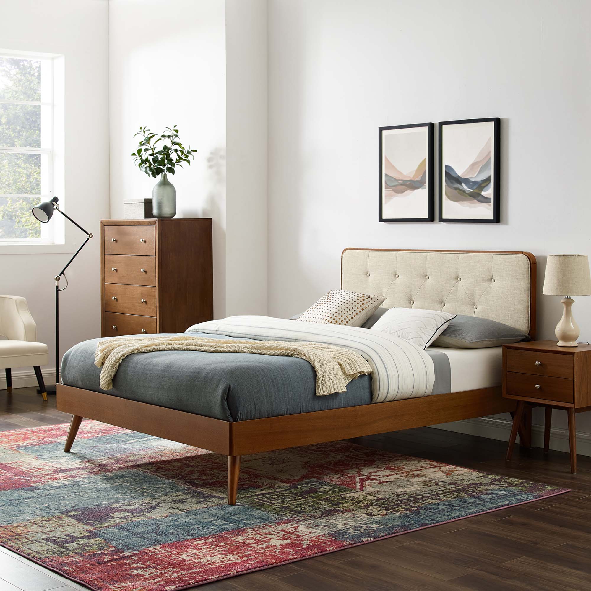 Bridgette Wood King Platform Bed With Splayed Legs, Walnut Beige