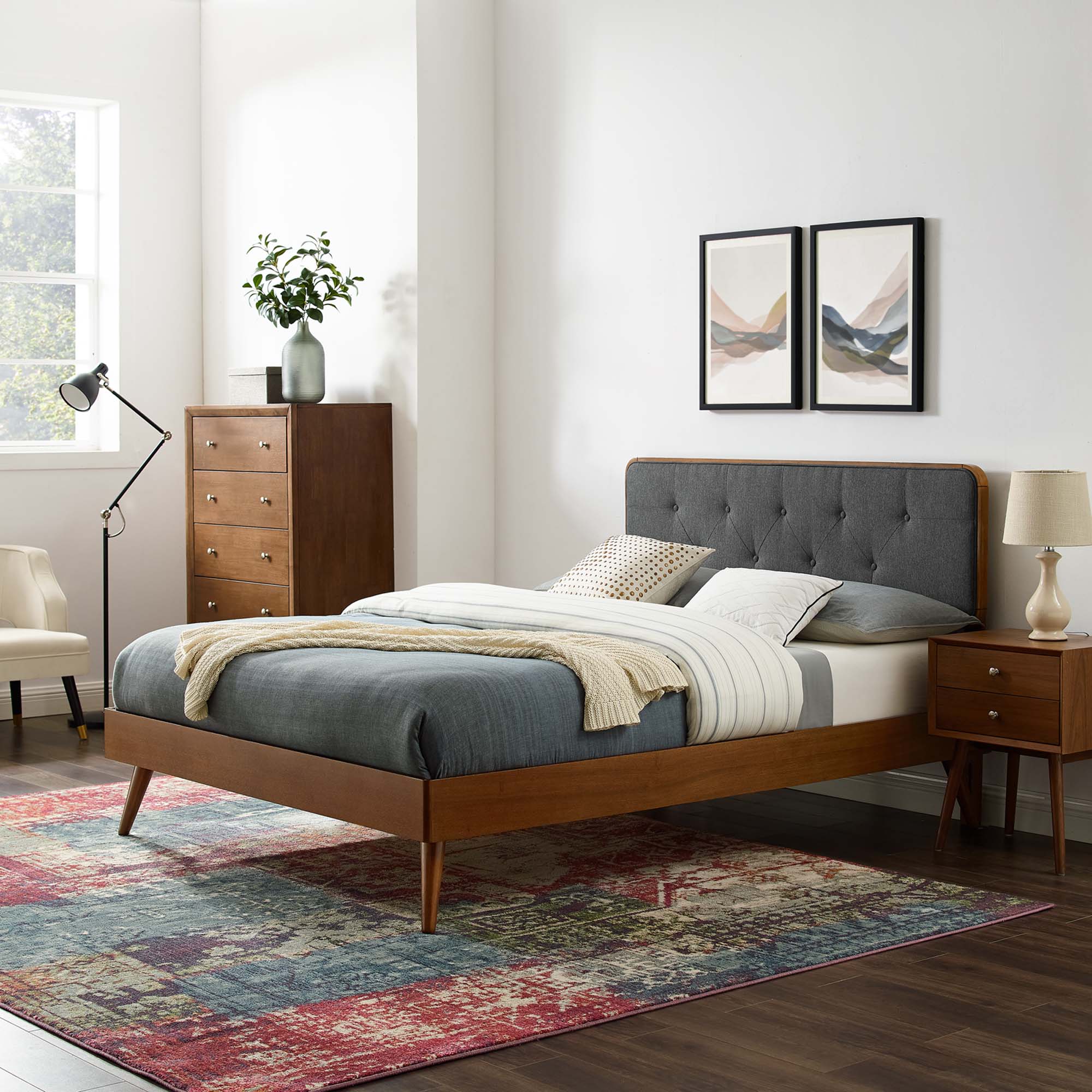 Erynn Twin Platform Bed in Walnut Wood  Button-Tufted Retro Style