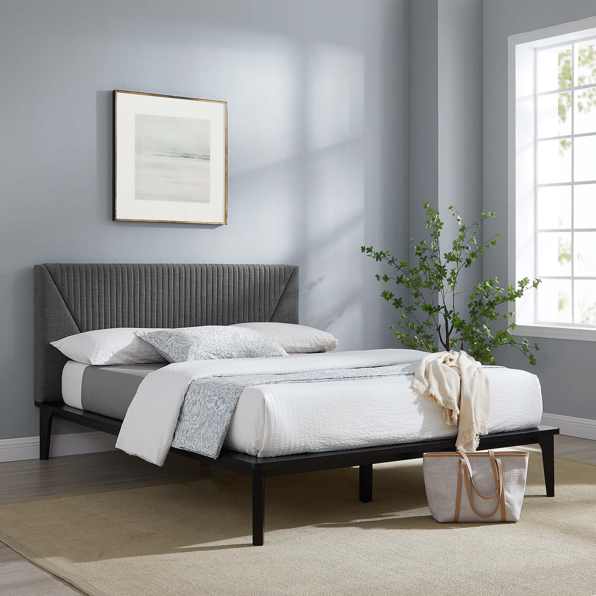 Palermo Queen Polyester Upholstered Platform Bed  Padded Headboard Design