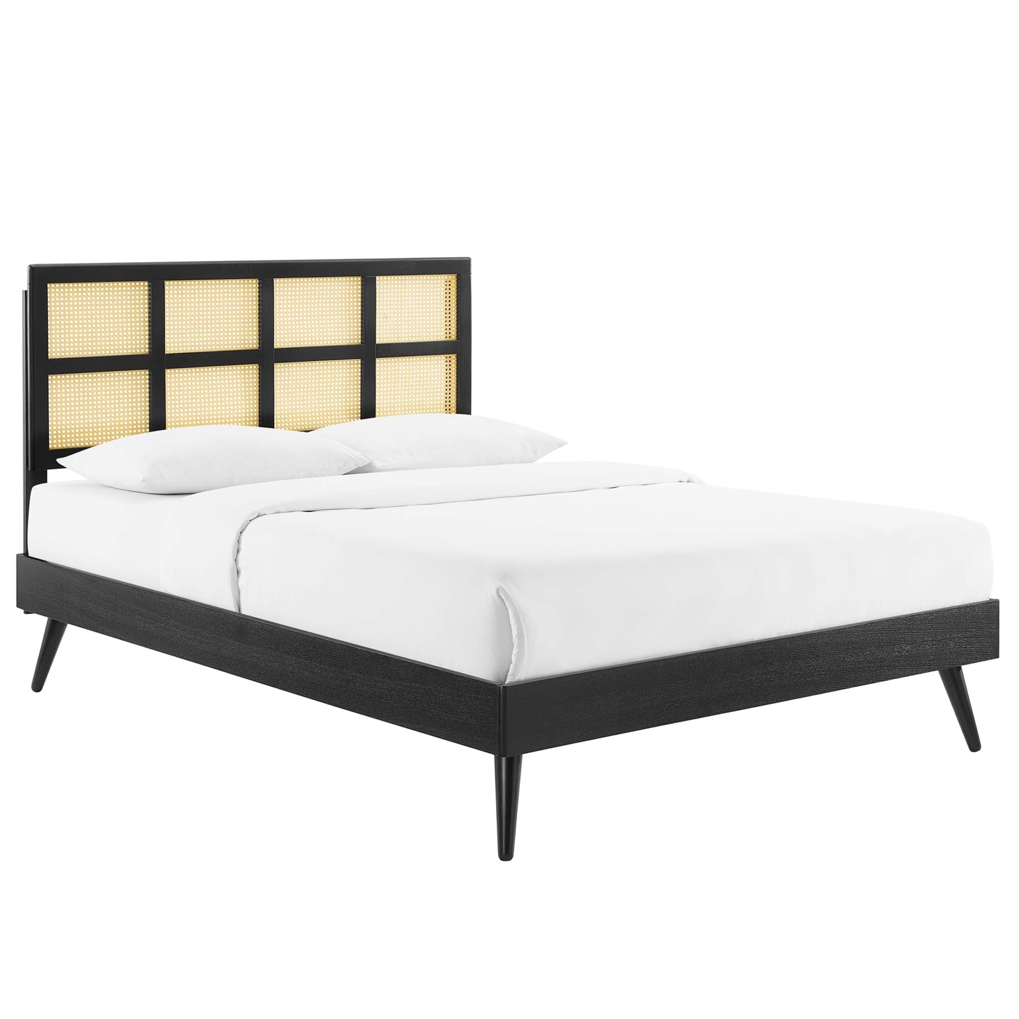 King Rhylen Rattan Wood Platform Bed – No Box Spring Needed with Splayed Legs