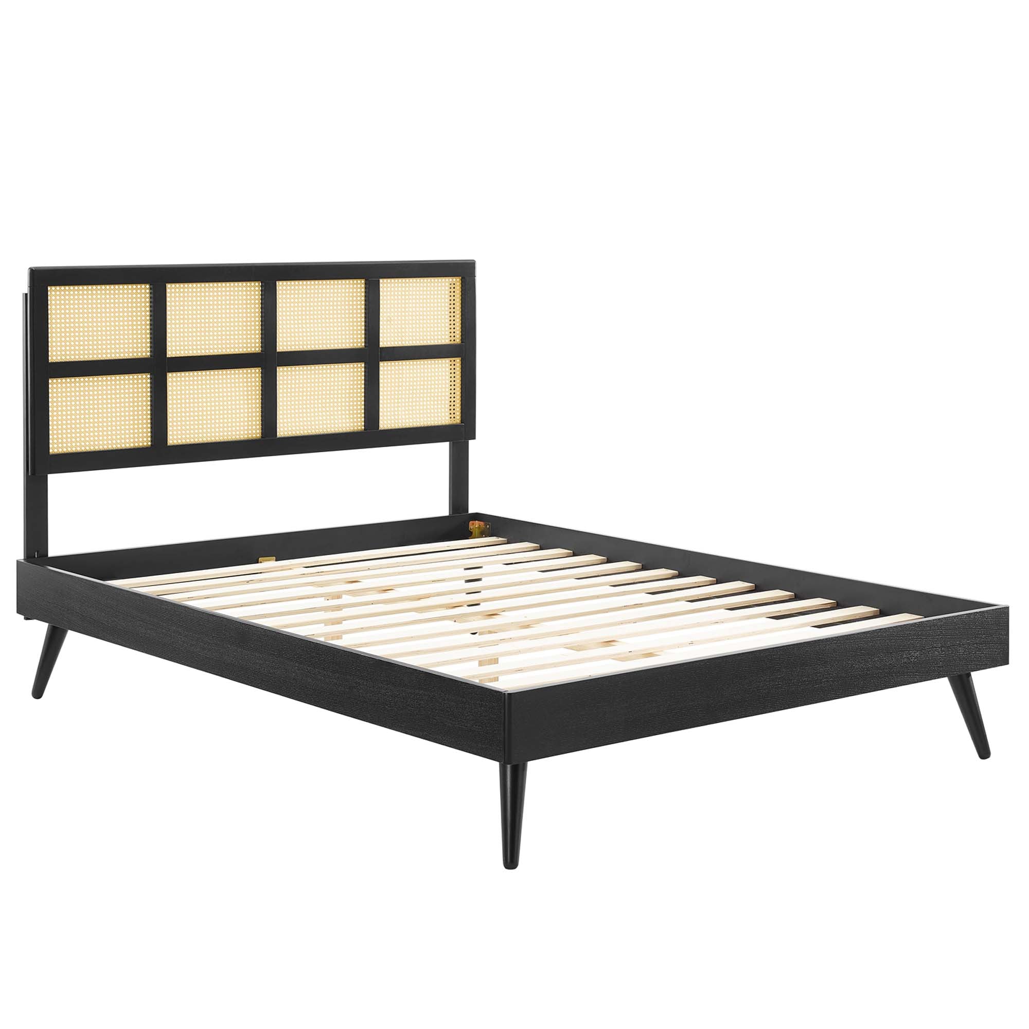 Sidney Black Cane and Wood King Platform Bed With Splayed Legs