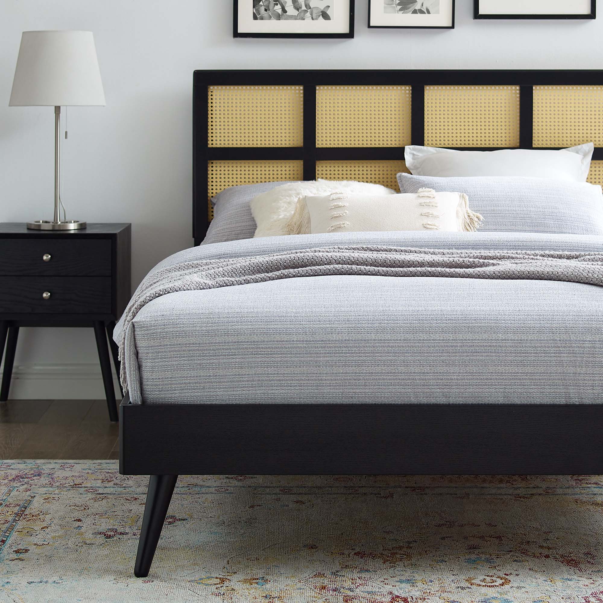 Sidney Black Cane and Wood King Platform Bed With Splayed Legs