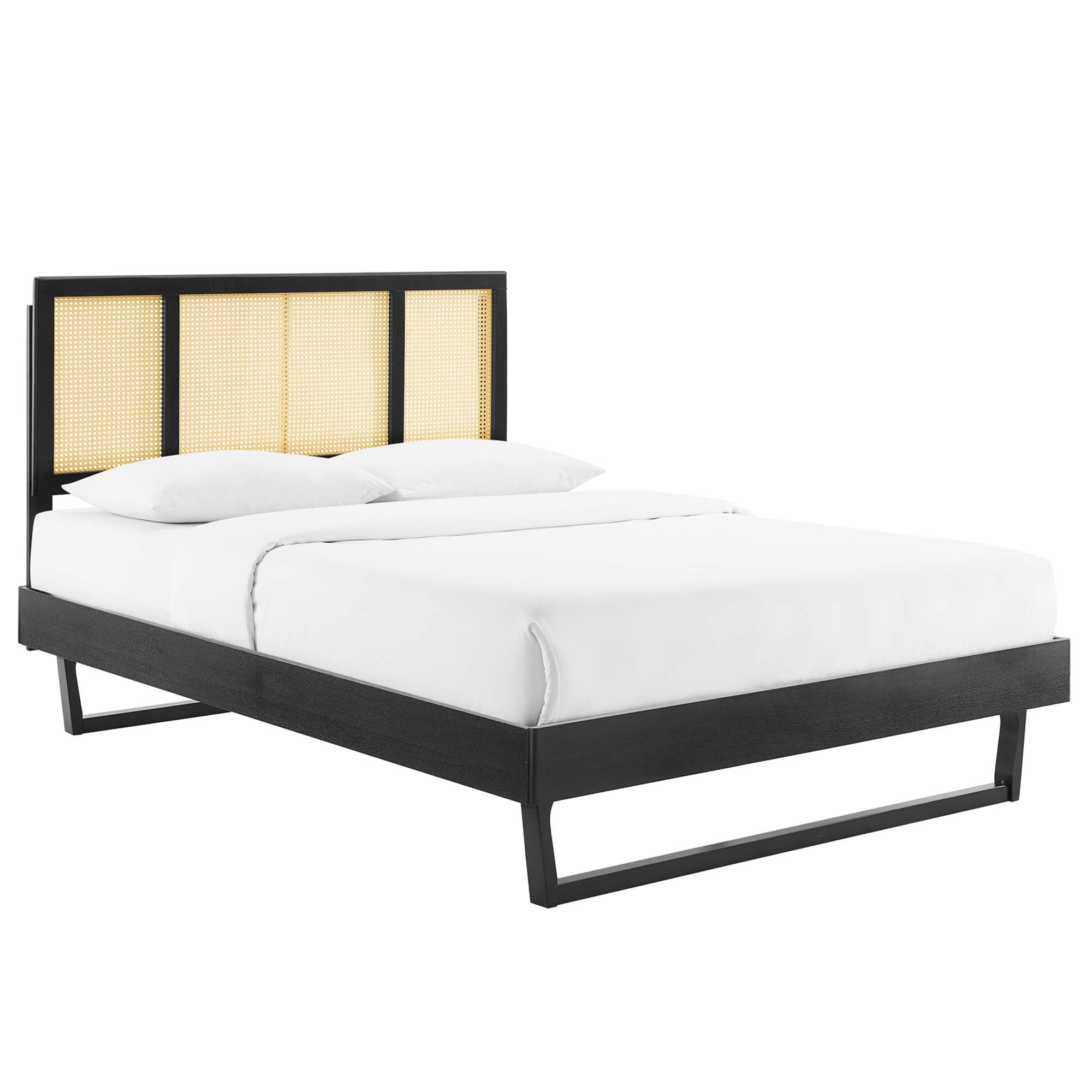 Kelsea Black Cane and Wood Full Platform Bed With Angular Legs