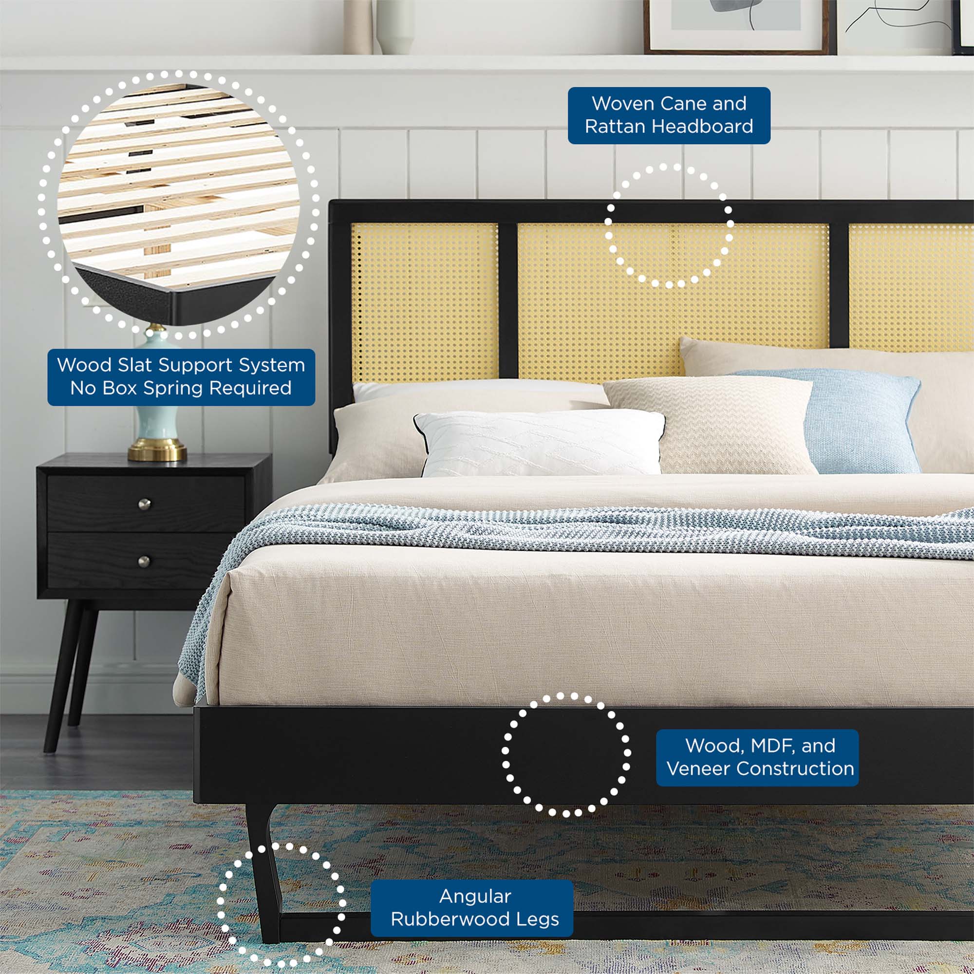 Xarvin Full Woven Rattan Platform Bed – Angular Legs & No Box Spring Needed