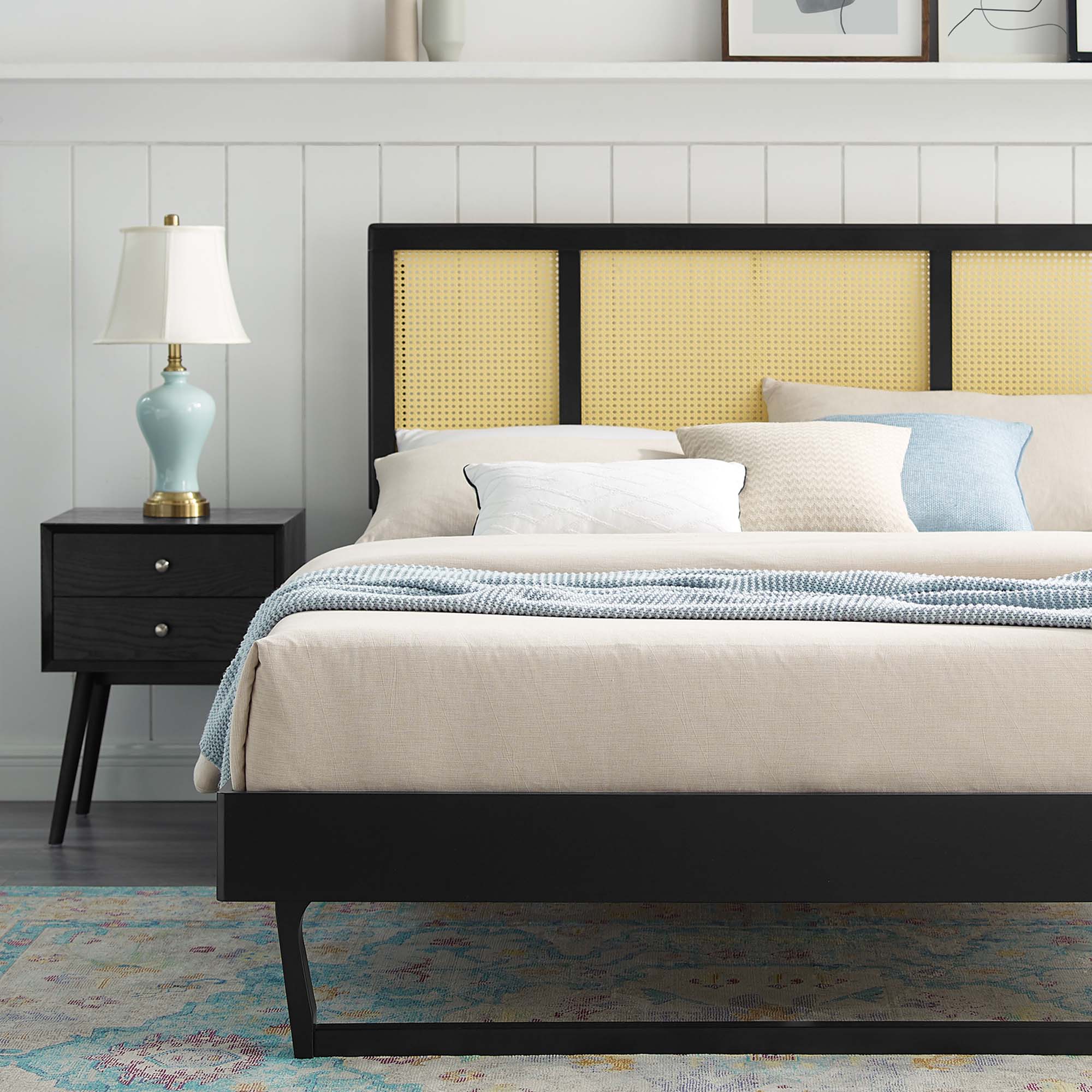 Kelsea Black Cane and Wood Full Platform Bed With Angular Legs