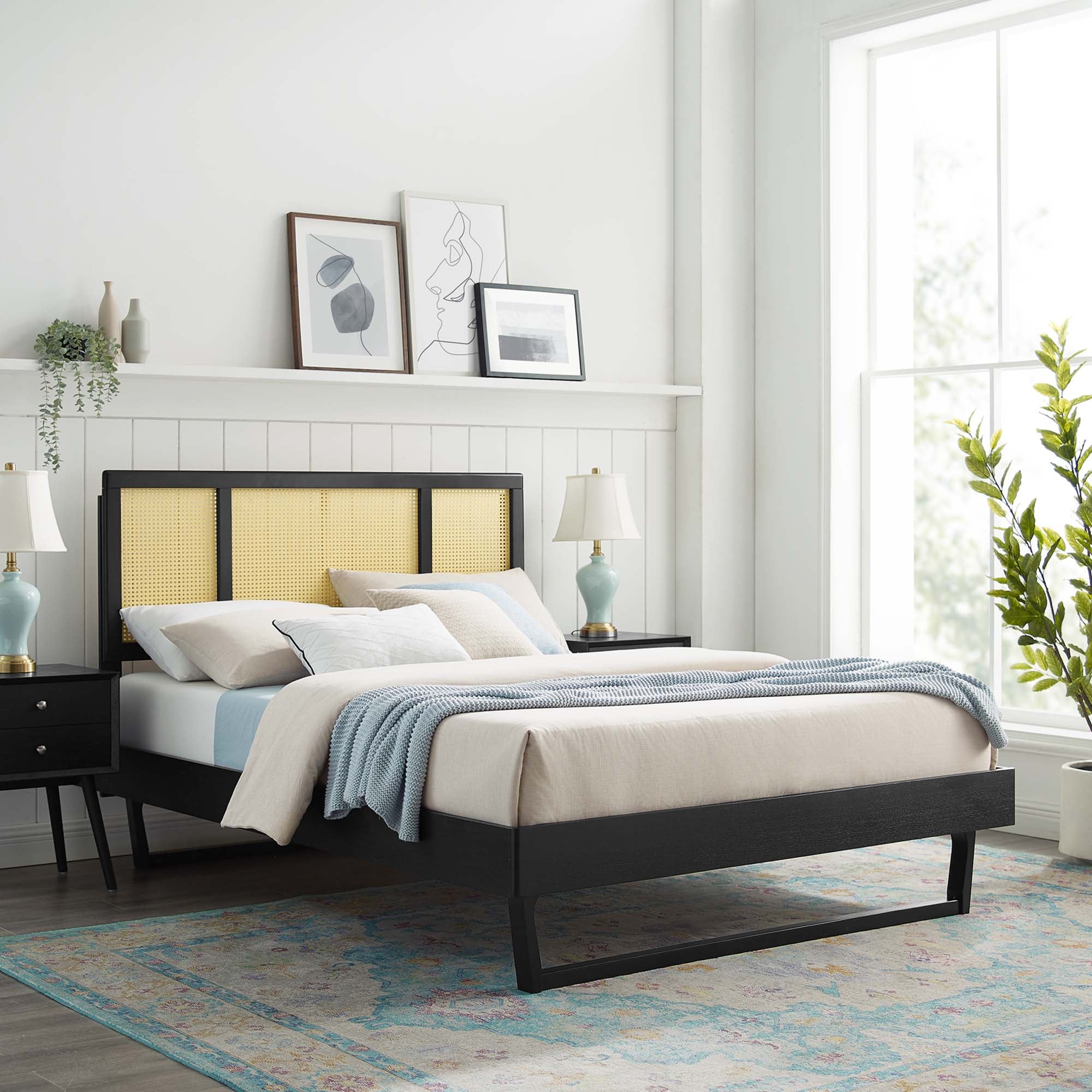 Xarvin Full Woven Rattan Platform Bed – Angular Legs & No Box Spring Needed