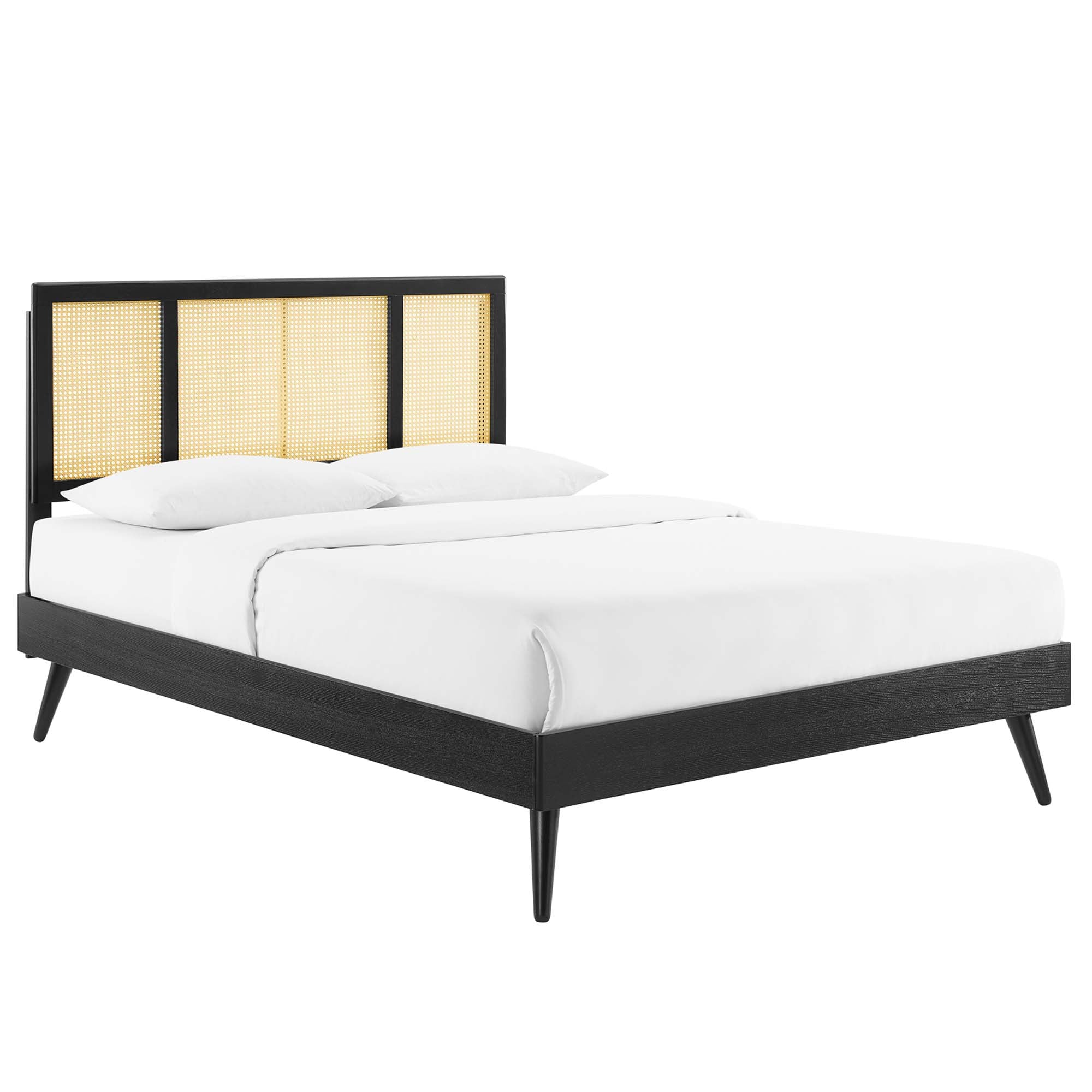 Kelsea Walnut Cane and Wood Full Platform Bed With Splayed Legs