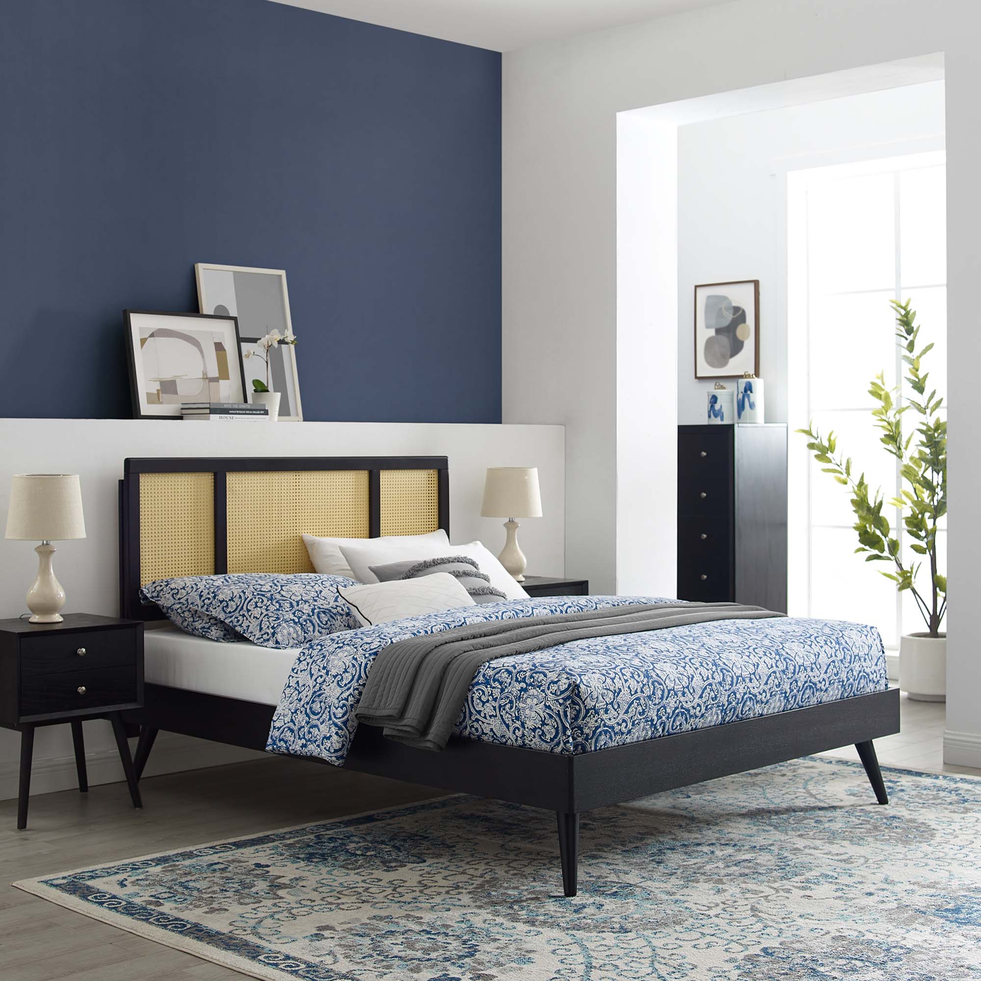 Kelsea Cane and Wood Full Platform Bed With Splayed Legs, Black