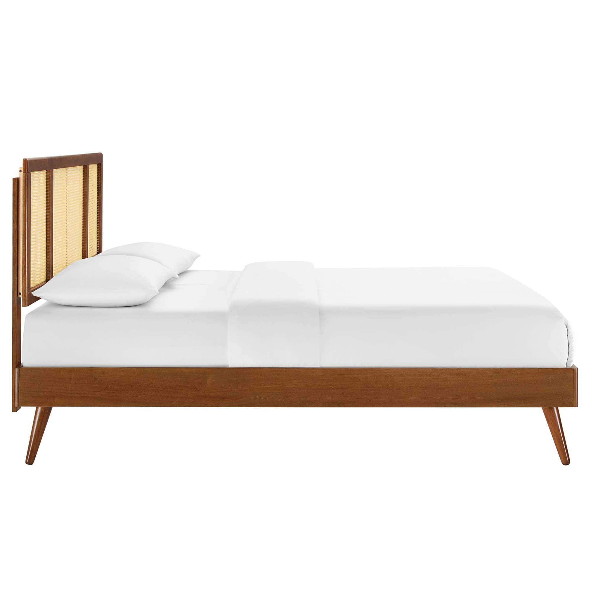 Kelsea Walnut Cane and Wood Full Platform Bed With Splayed Legs