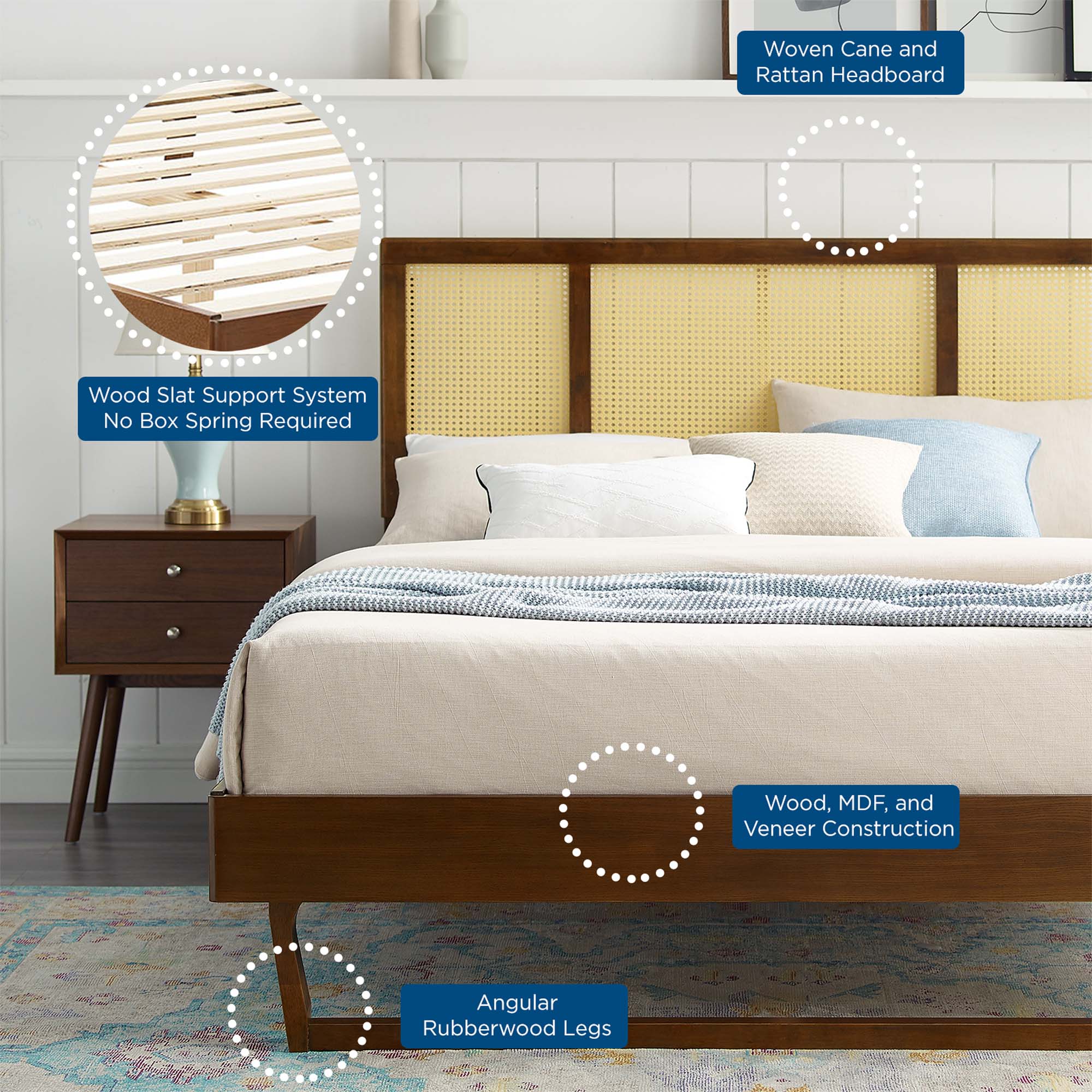 Classsic King Walnut Platform Bed  Woven Cane Headboard with Angular Legs