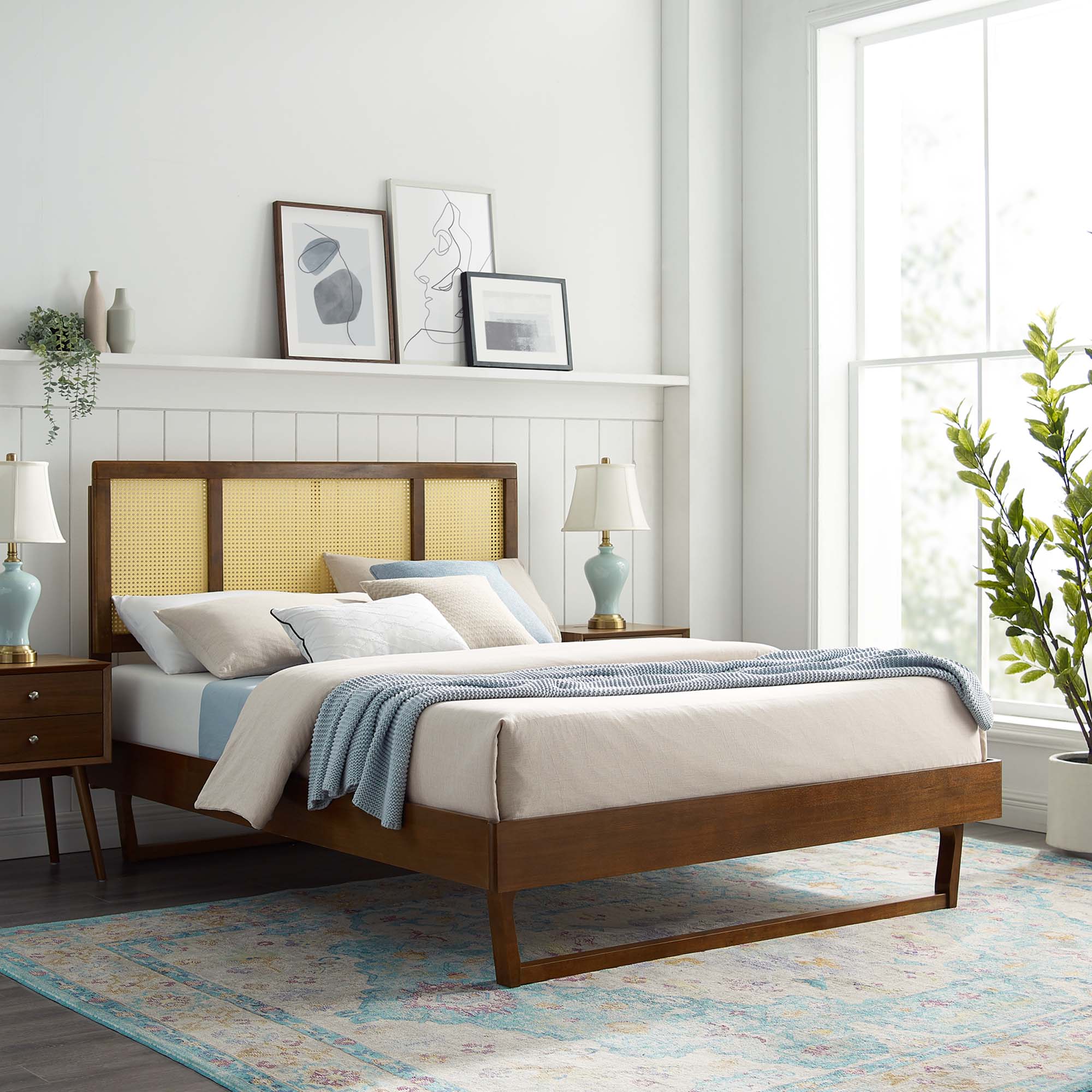 Classsic King Walnut Platform Bed  Woven Cane Headboard with Angular Legs