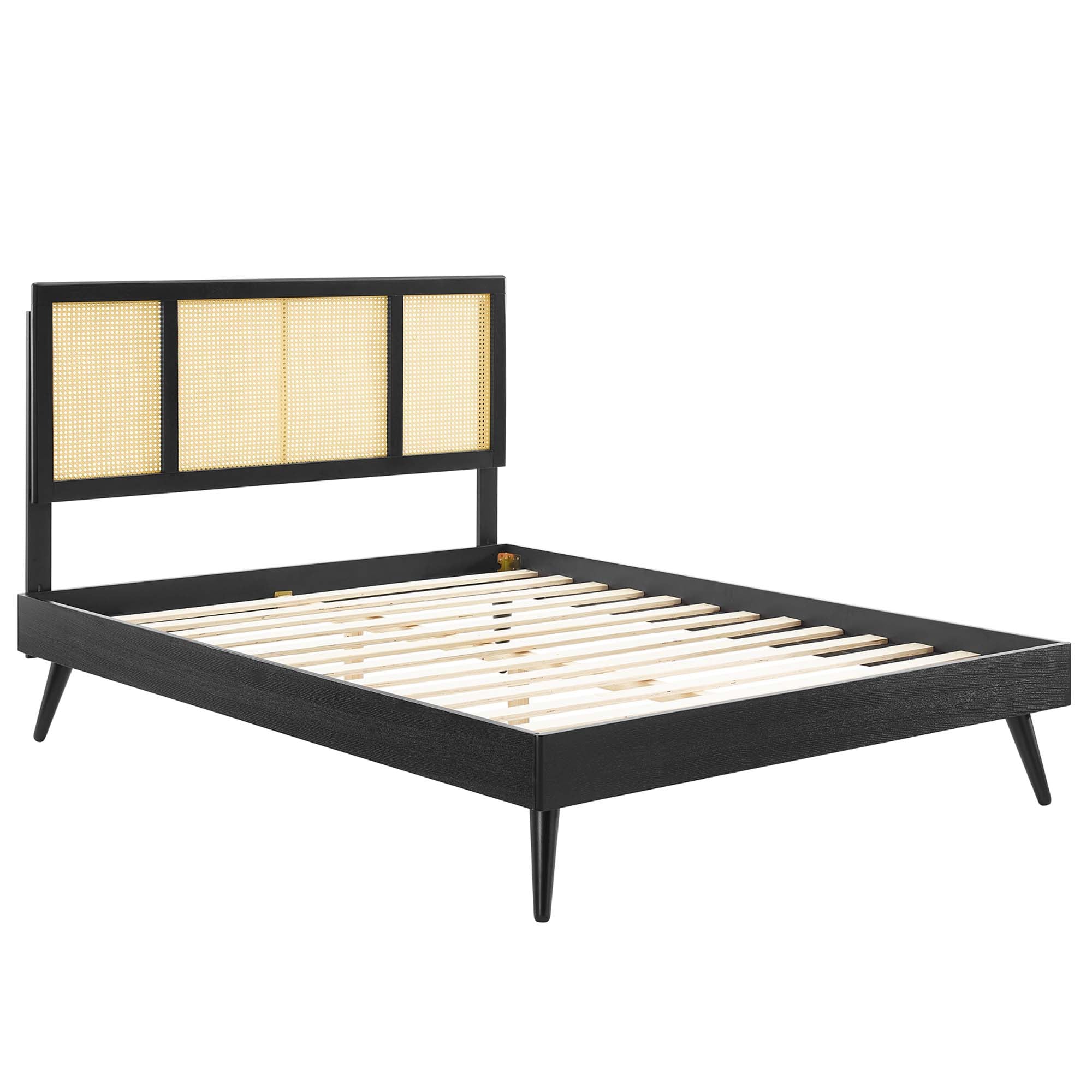 Kelsea Black Cane and Wood King Platform Bed With Splayed Legs