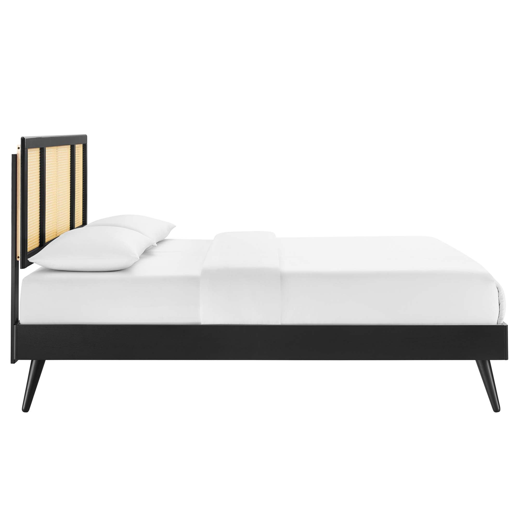 Kelsea Black Cane and Wood King Platform Bed With Splayed Legs