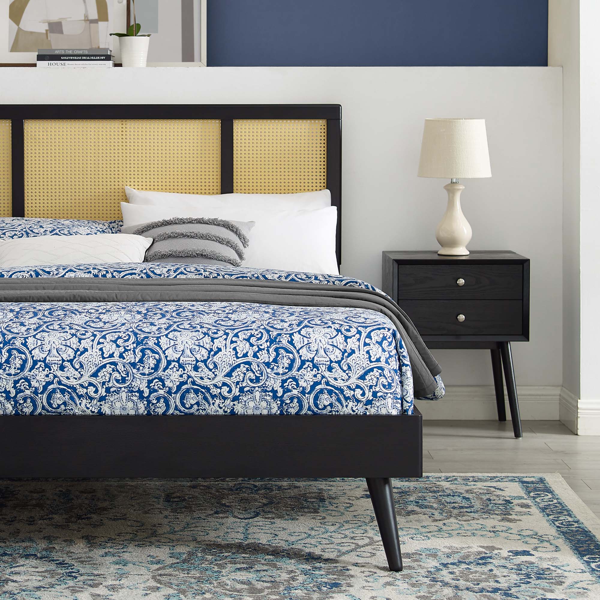 Kelsea Black Cane and Wood King Platform Bed With Splayed Legs