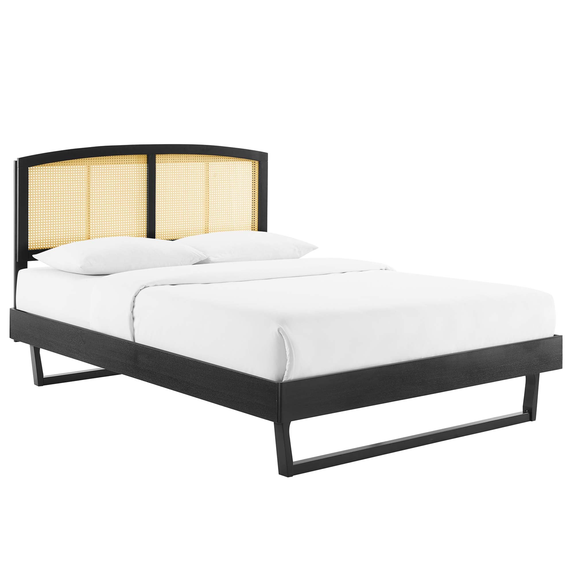 Full Rattan Cane Yalvin Platform Bed – Woven Headboard with Rubberwood Frame