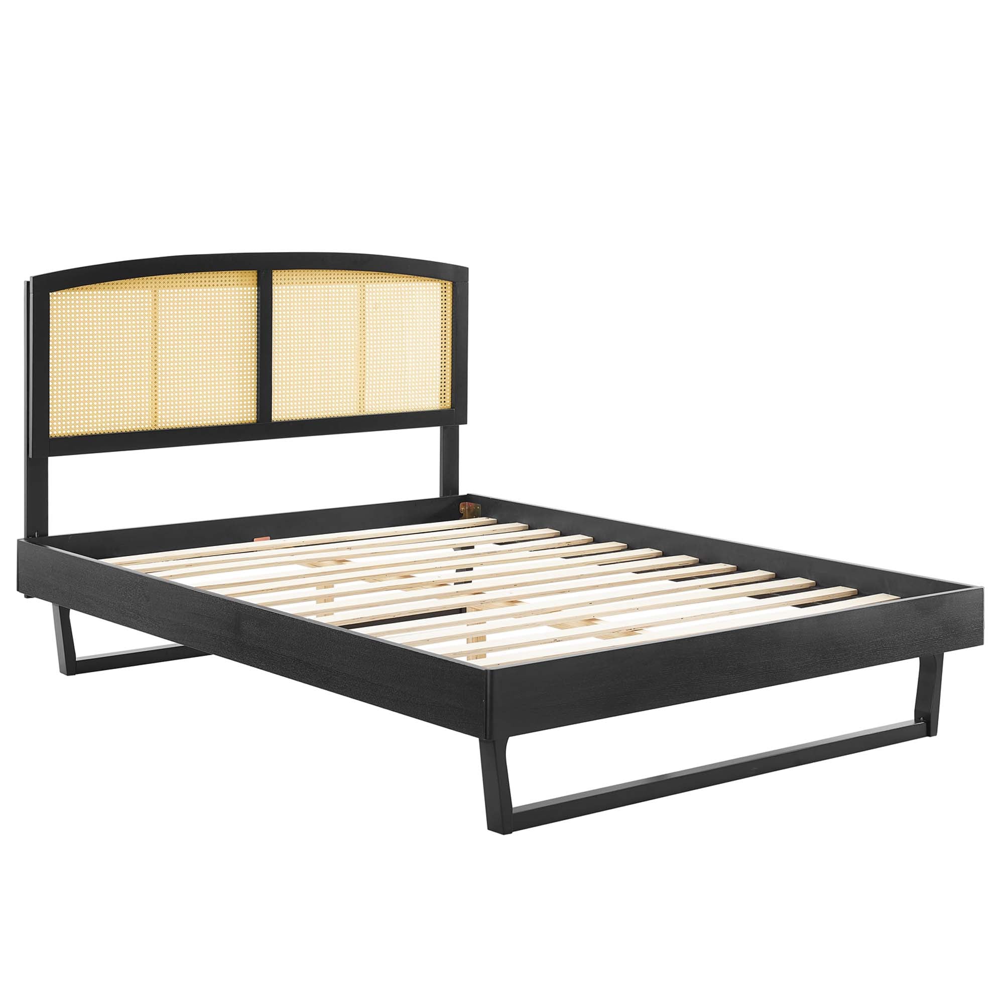 Full Rattan Cane Yalvin Platform Bed – Woven Headboard with Rubberwood Frame