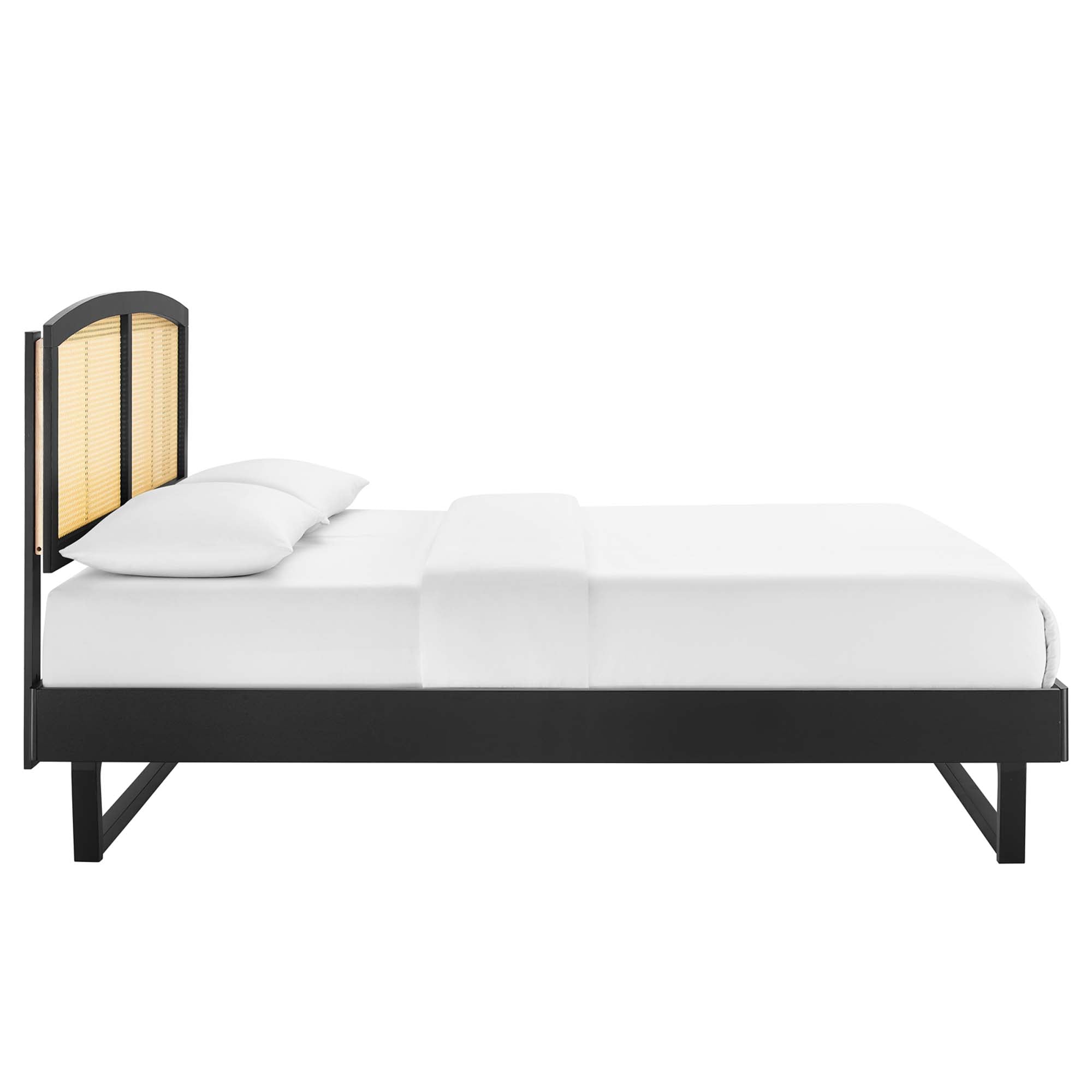 Sierra Black Cane and Wood Full Platform Bed With Angular Legs