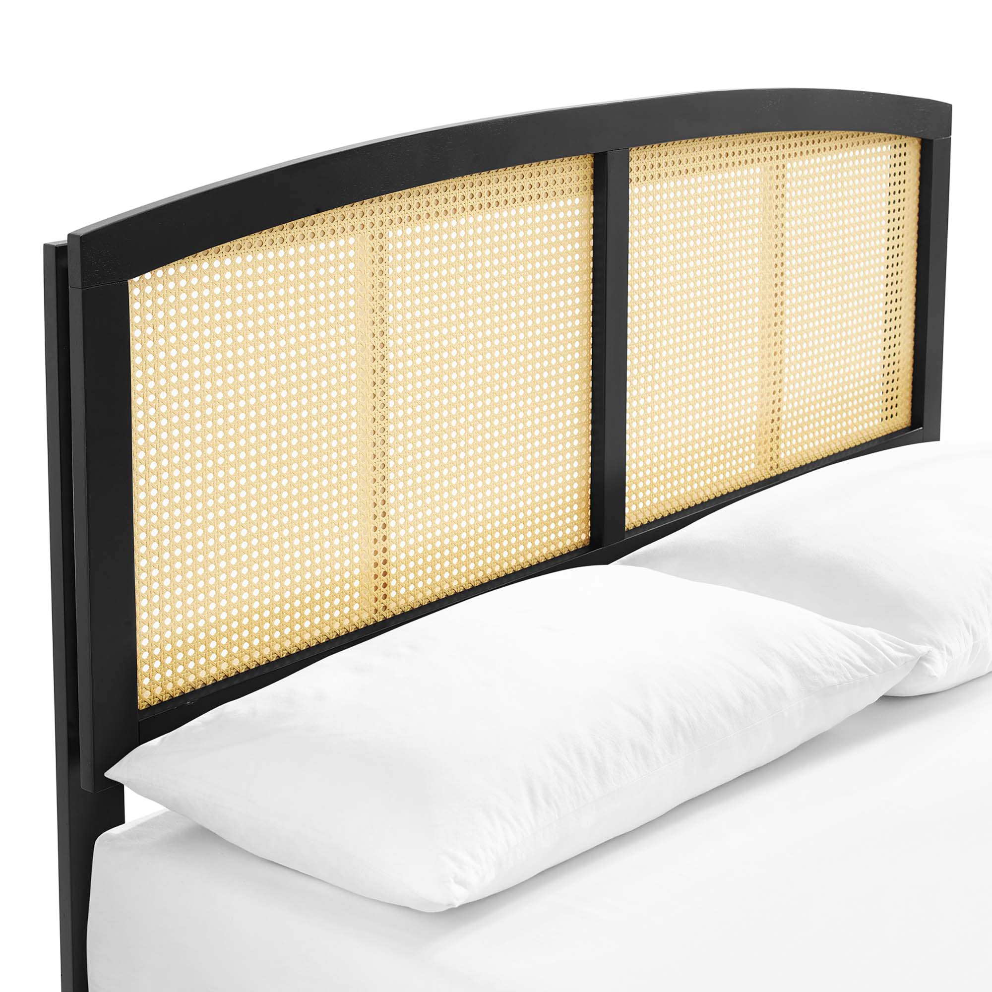 Full Rattan Cane Yalvin Platform Bed – Woven Headboard with Rubberwood Frame