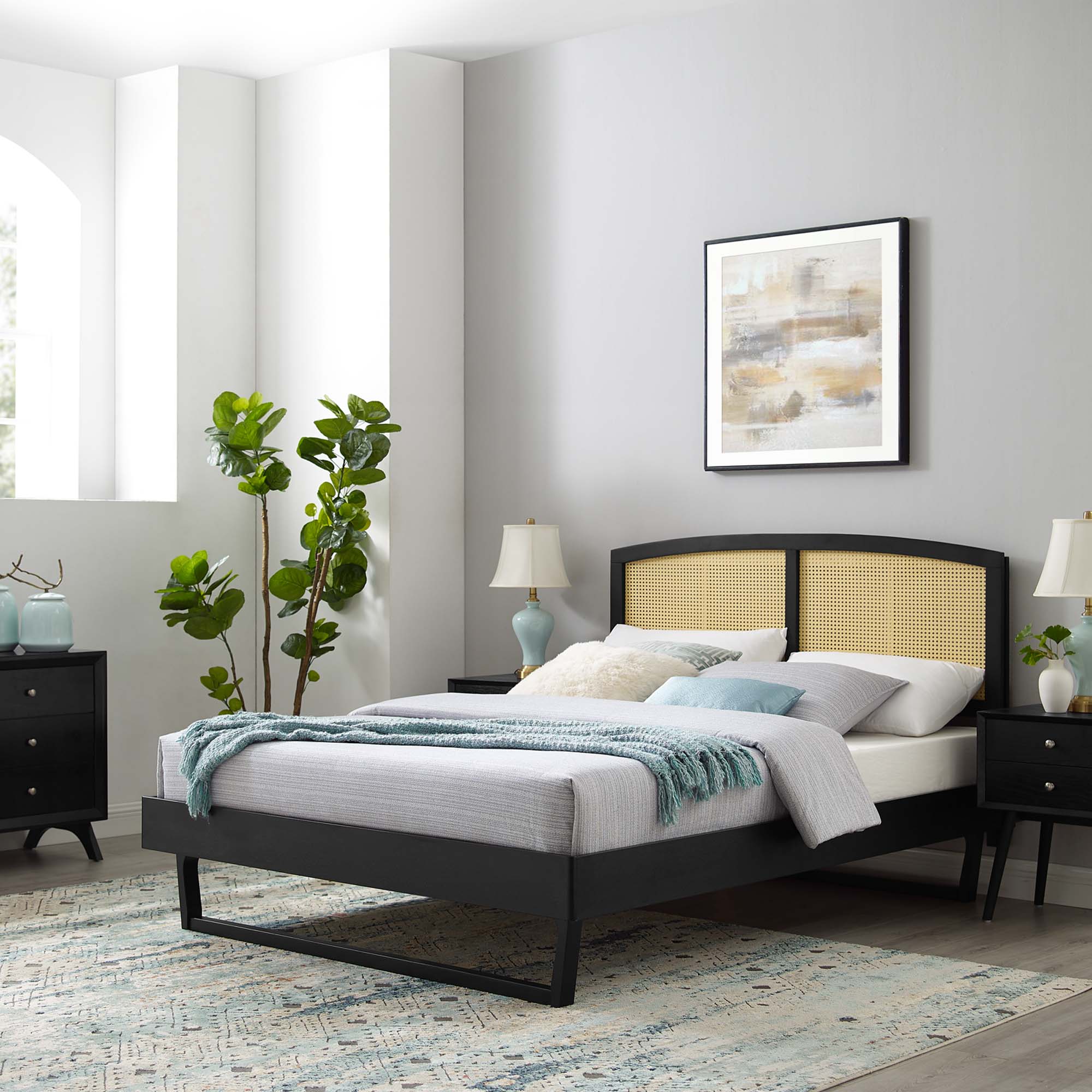 Full Rattan Cane Yalvin Platform Bed – Woven Headboard with Rubberwood Frame