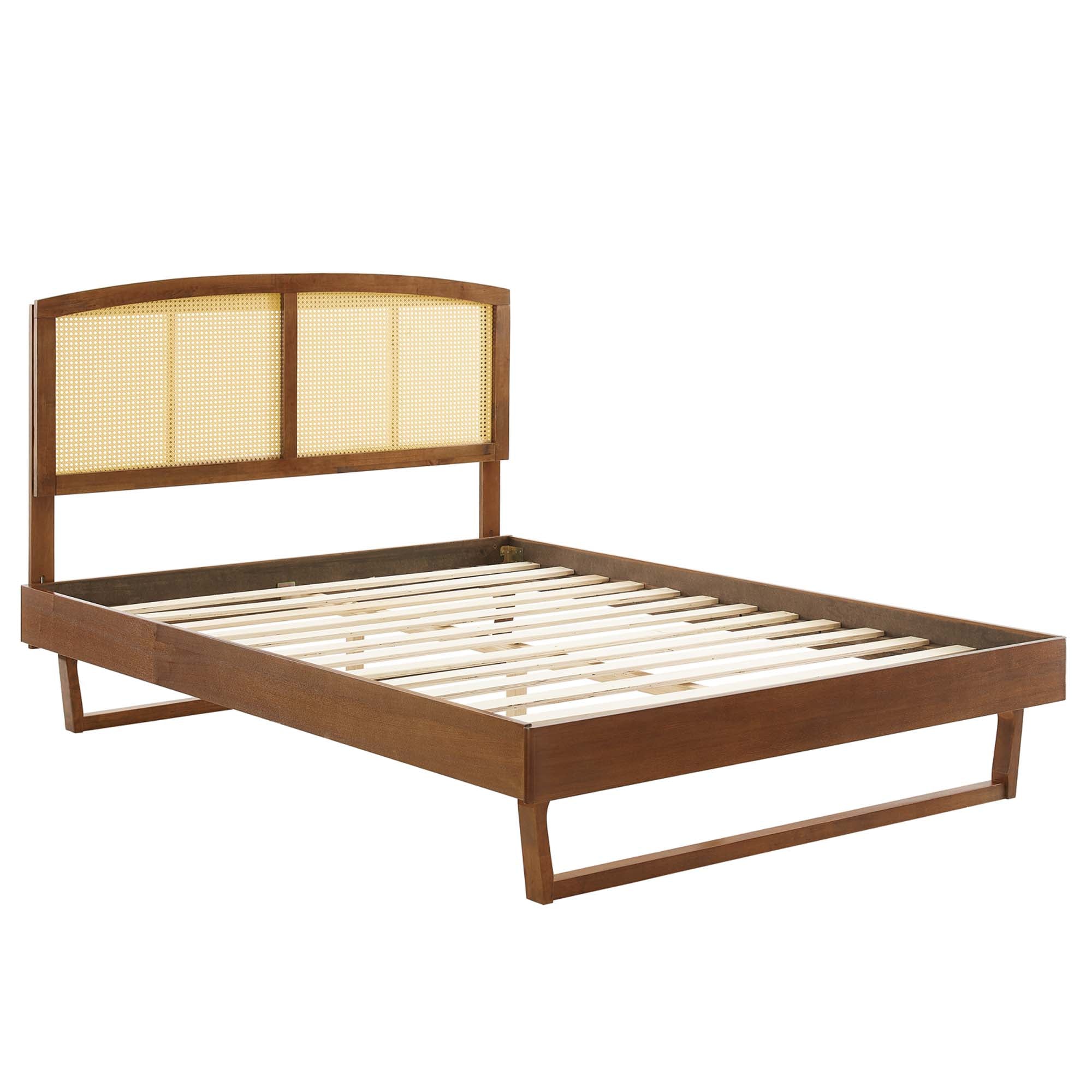 Wrenna King Rattan Wood Platform Bed – Woven Cane Headboard with Box Spring Free Design