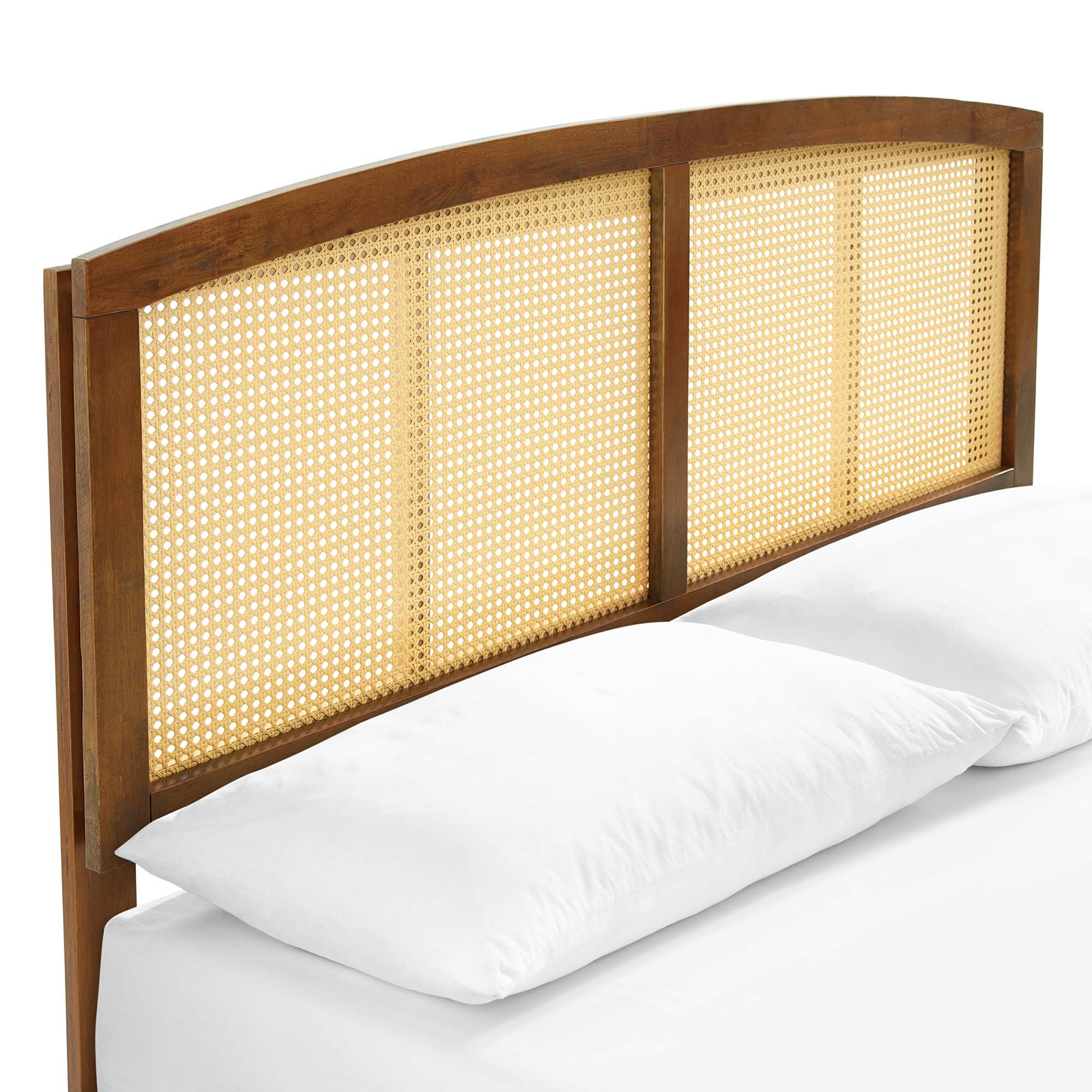 Wrenna King Rattan Wood Platform Bed – Woven Cane Headboard with Box Spring Free Design