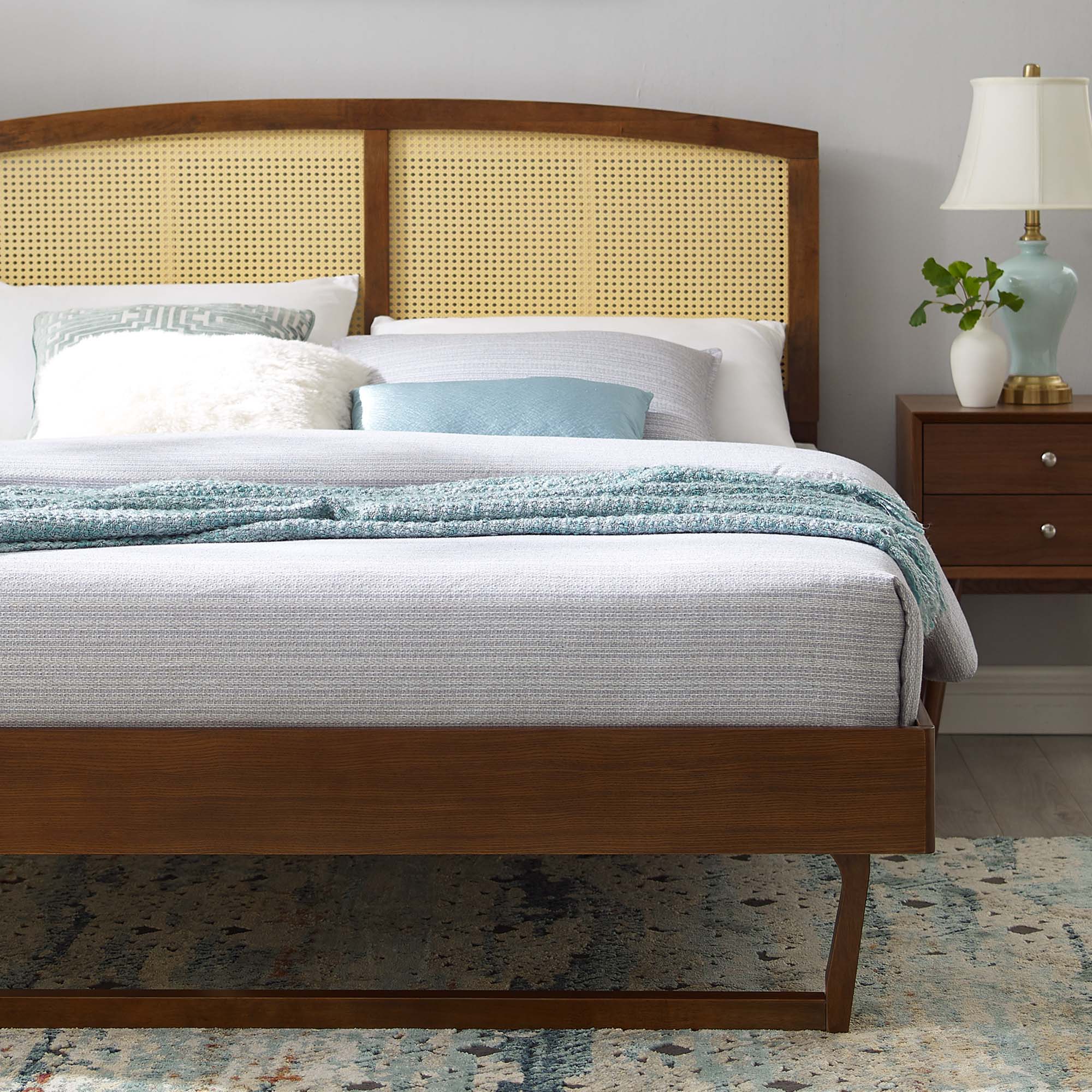 Sierra Walnut Cane and Wood King Platform Bed With Angular Legs