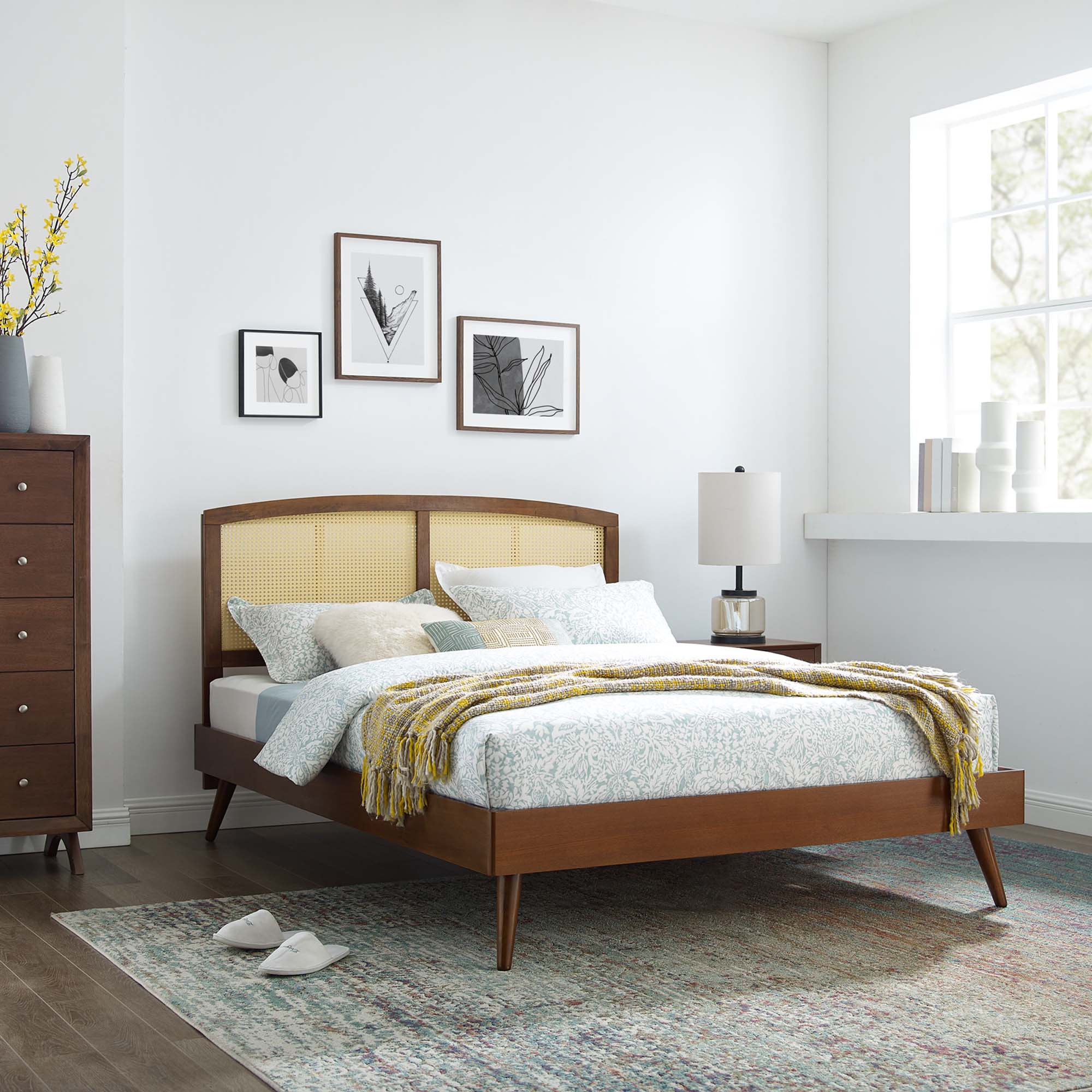 Zindel King Rattan Wood Platform Bed – Modern Tropical Style with Splayed Legs