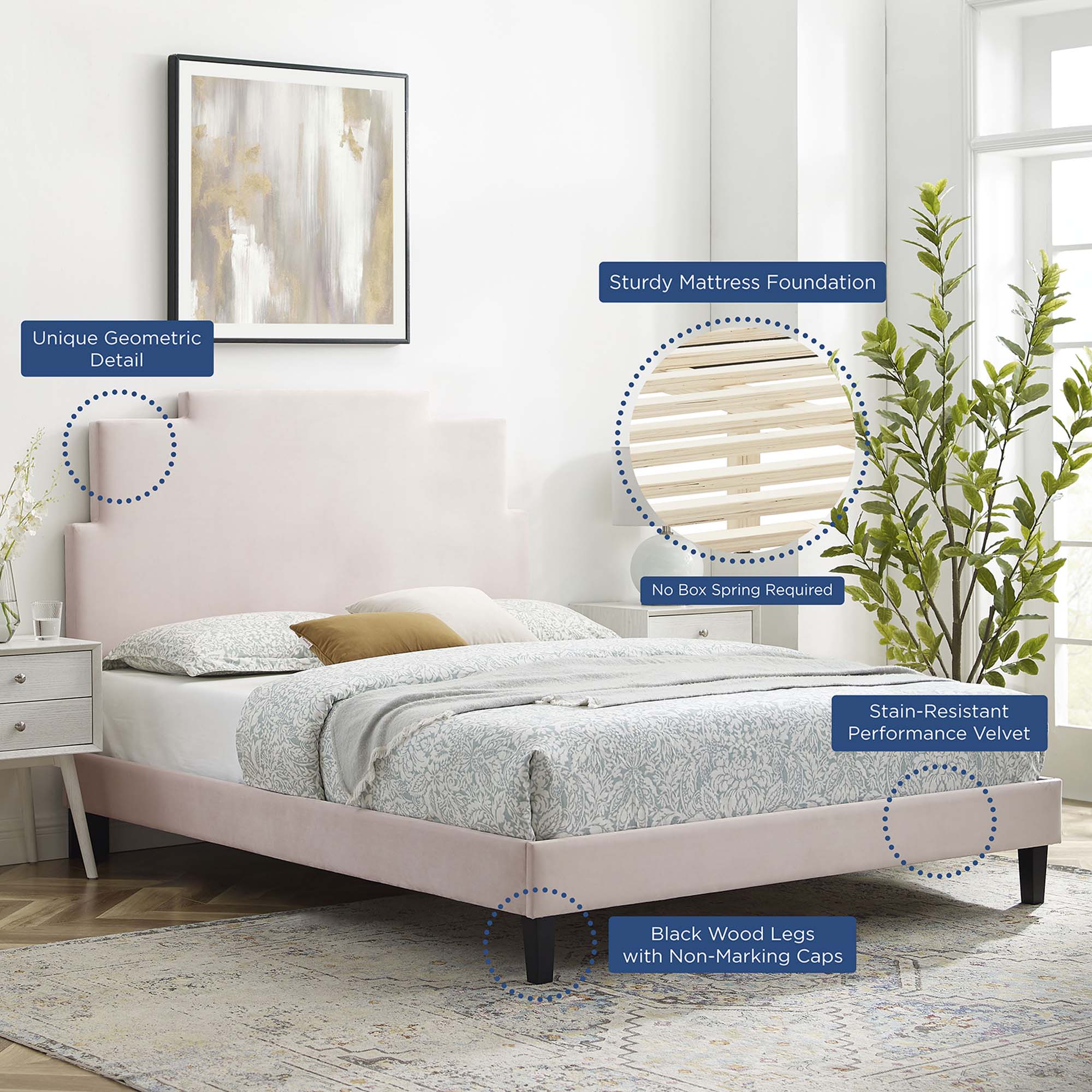 Lindsey Pink Performance Velvet Queen Platform Bed