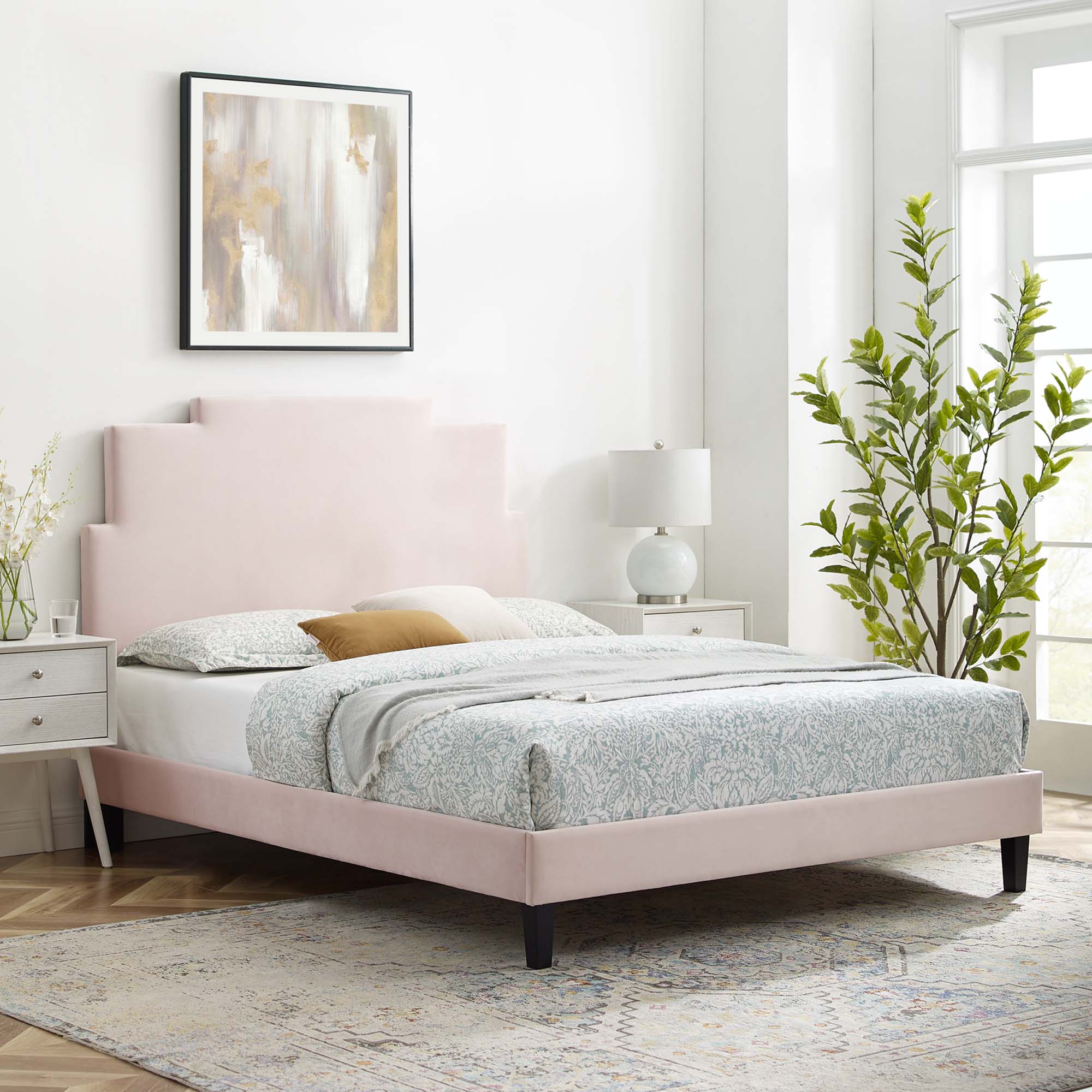 Lindsey Pink Performance Velvet Queen Platform Bed