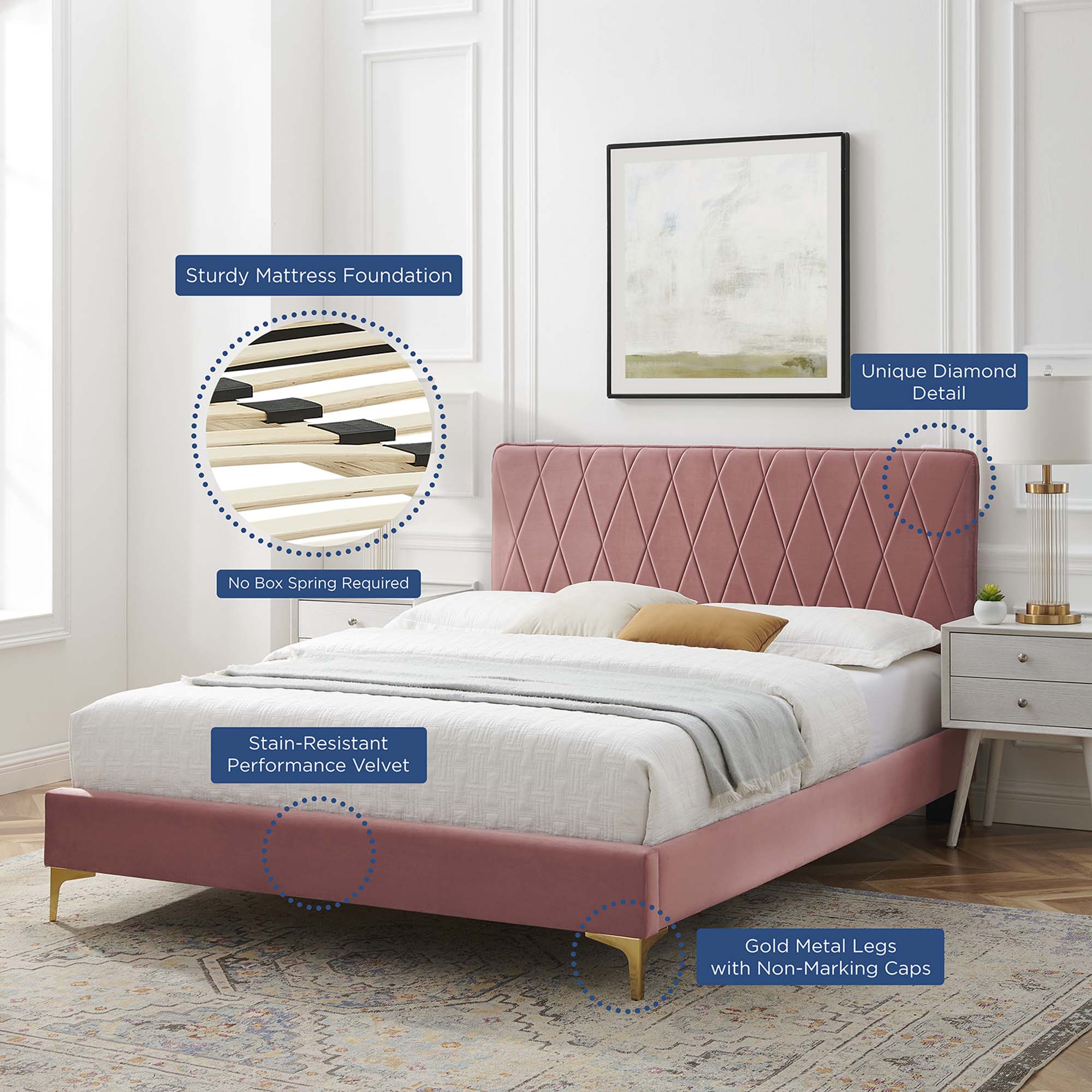 Phillipa Dusty Rose Performance Velvet Queen Platform Bed