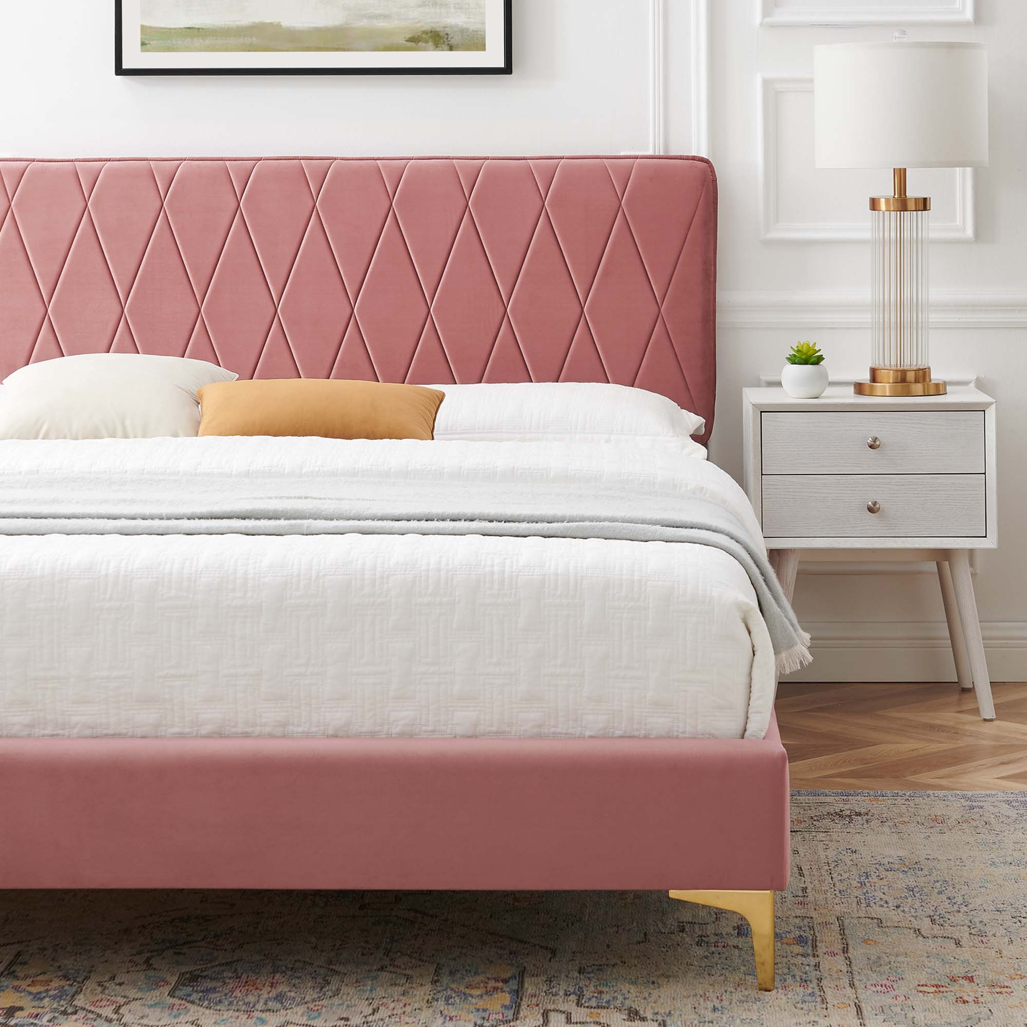 Phillipa Dusty Rose Performance Velvet Queen Platform Bed