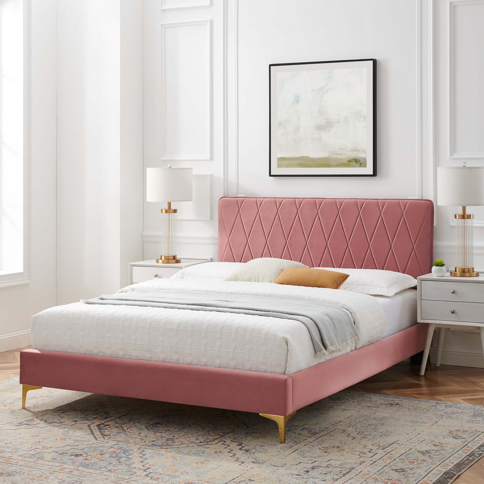 Phillipa Dusty Rose Performance Velvet Queen Platform Bed