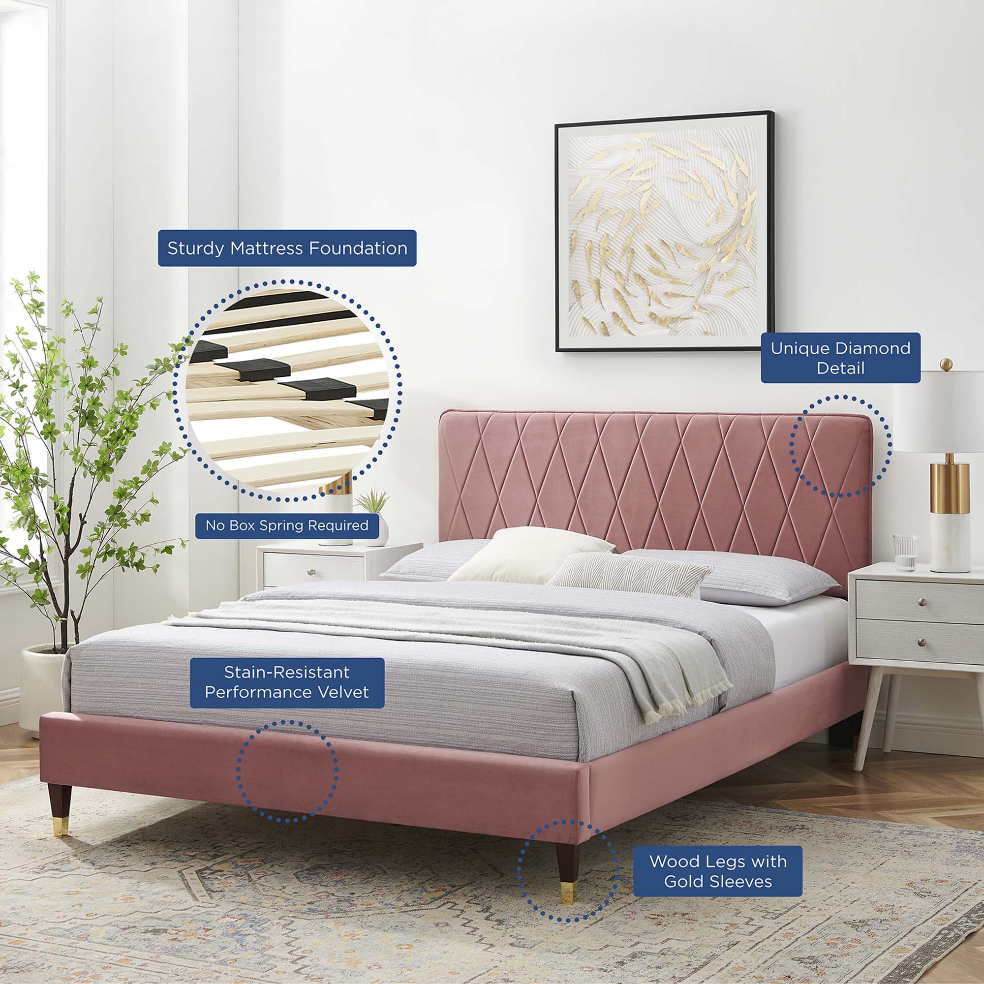 Phillipa Dusty Rose Performance Velvet Queen Platform Bed