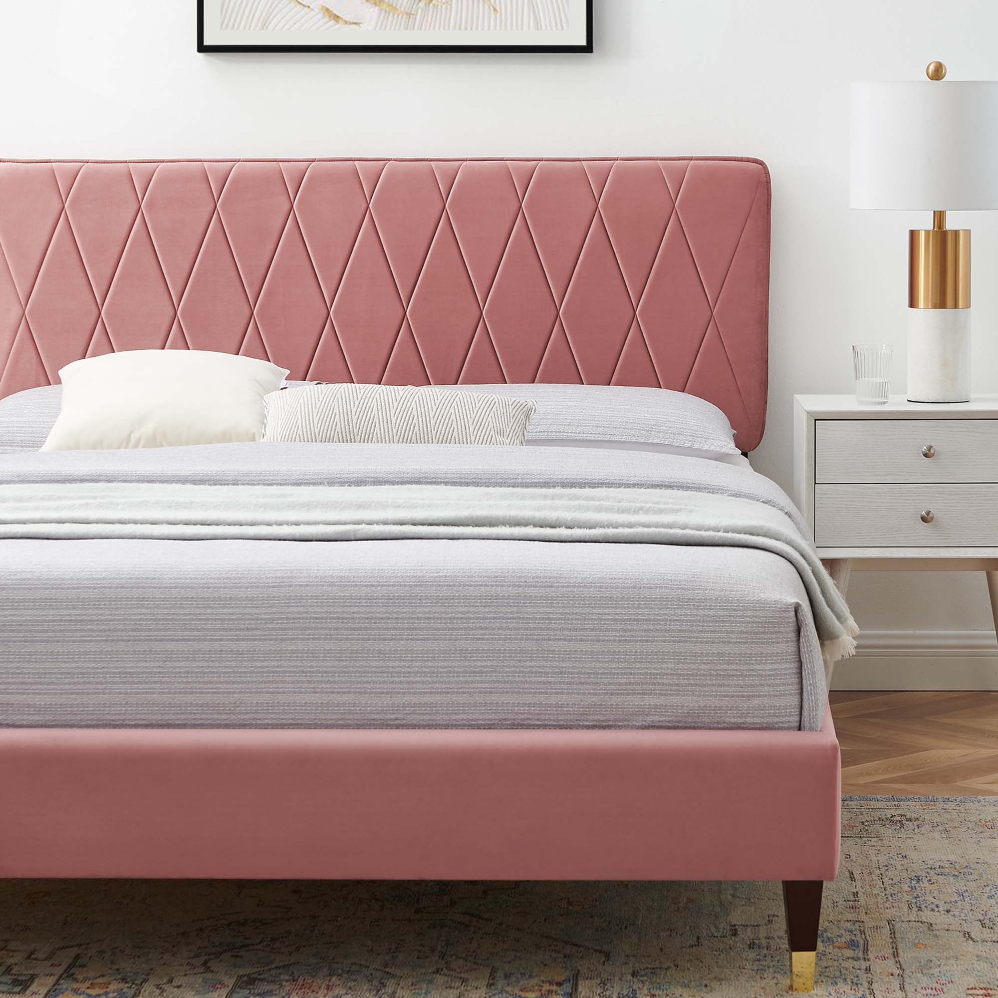 Phillipa Dusty Rose Performance Velvet Queen Platform Bed