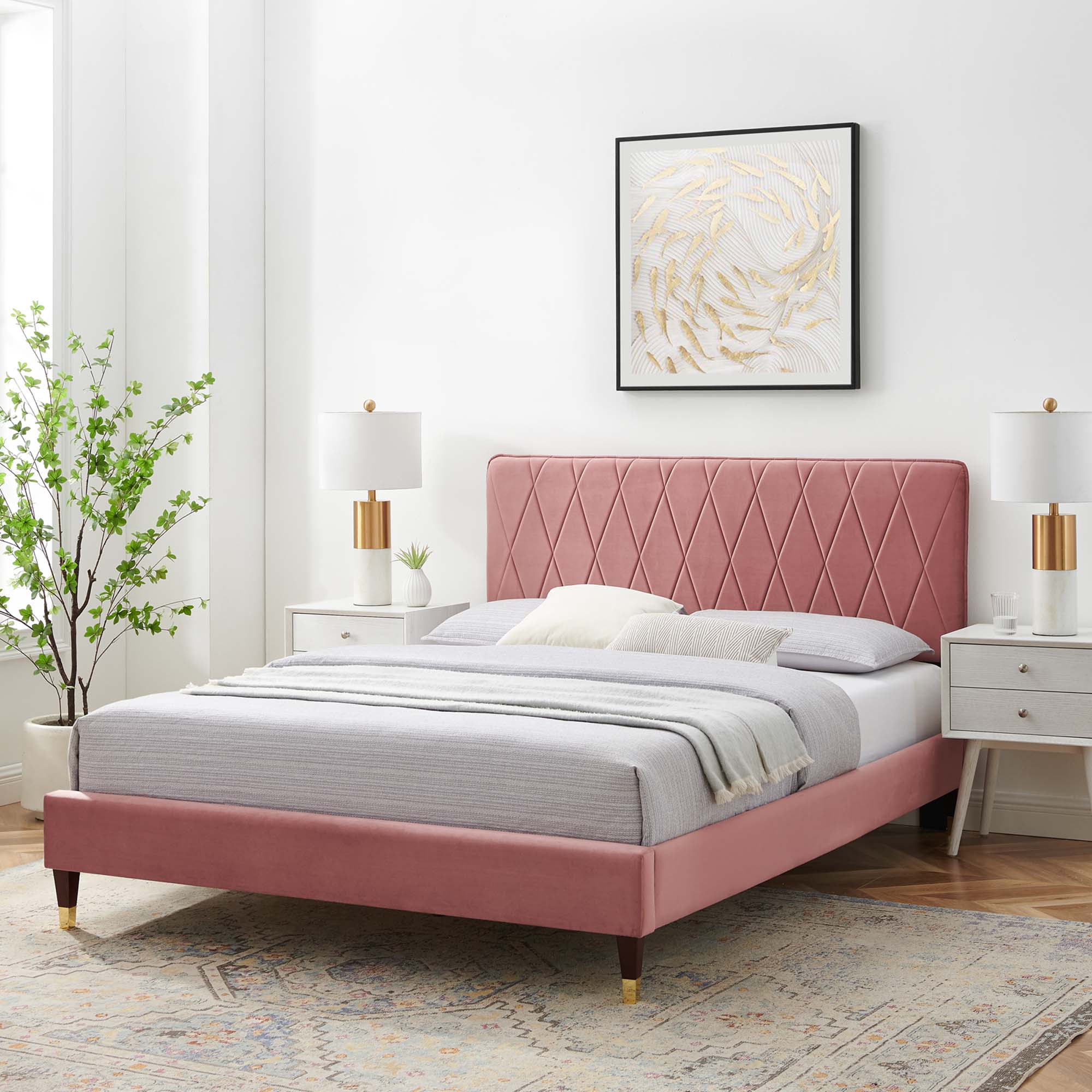 Phillipa Dusty Rose Performance Velvet Queen Platform Bed