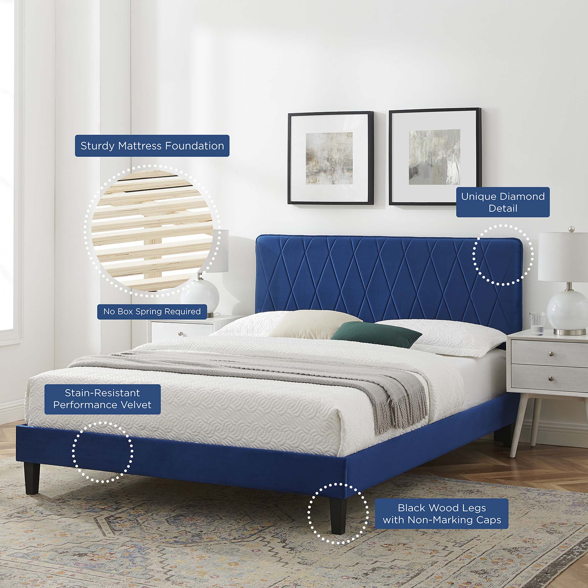 Phillipa Navy Performance Velvet Queen Platform Bed