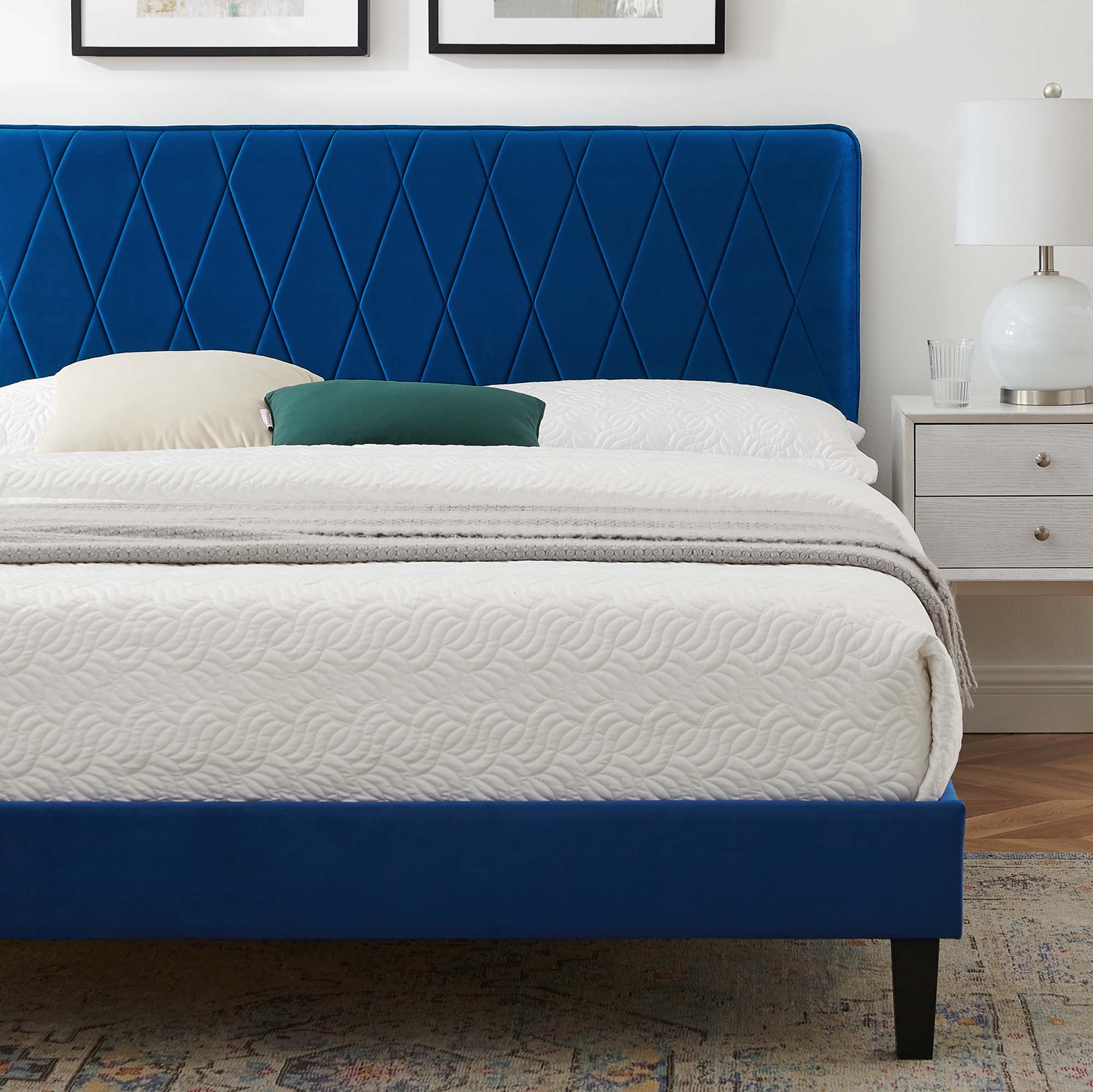 Phillipa Navy Performance Velvet Queen Platform Bed