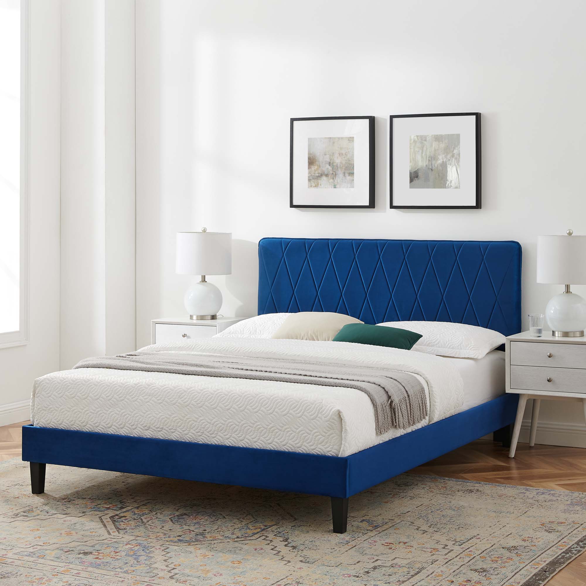 Phillipa Navy Performance Velvet Queen Platform Bed