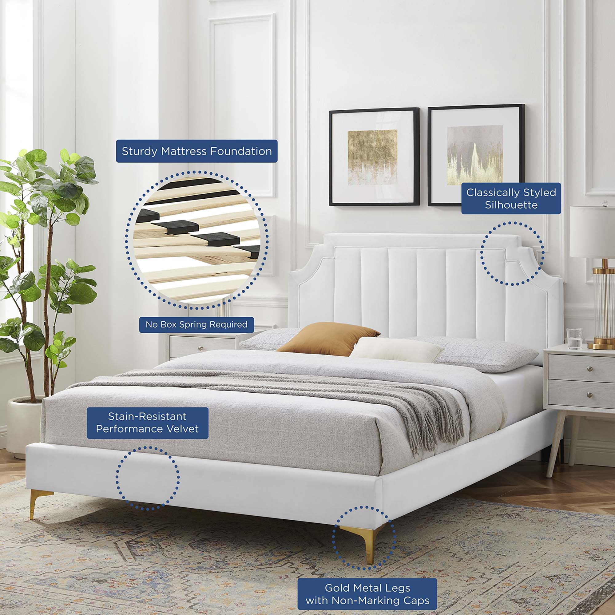 Sienna White Performance Velvet Queen Platform Bed