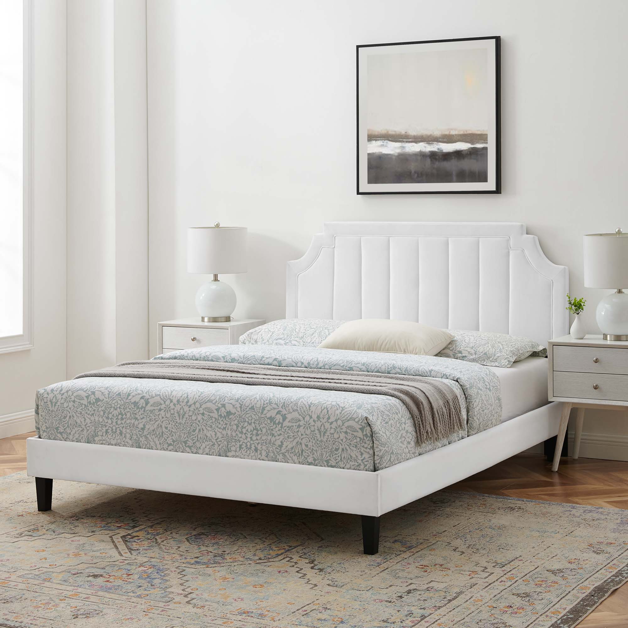 Sienna White Performance Velvet Queen Platform Bed