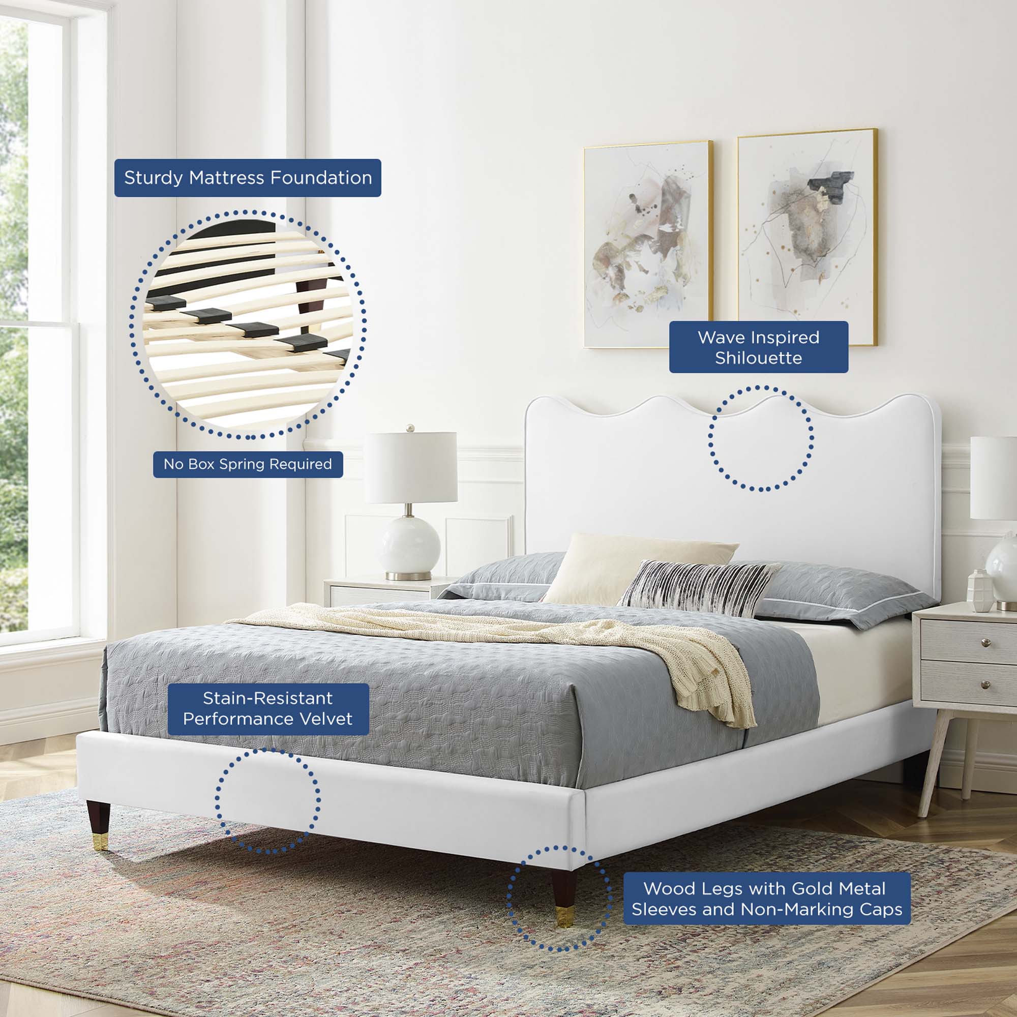Jessen Twin White Performance Velvet Bed – Tufted Headboard, Modern Look