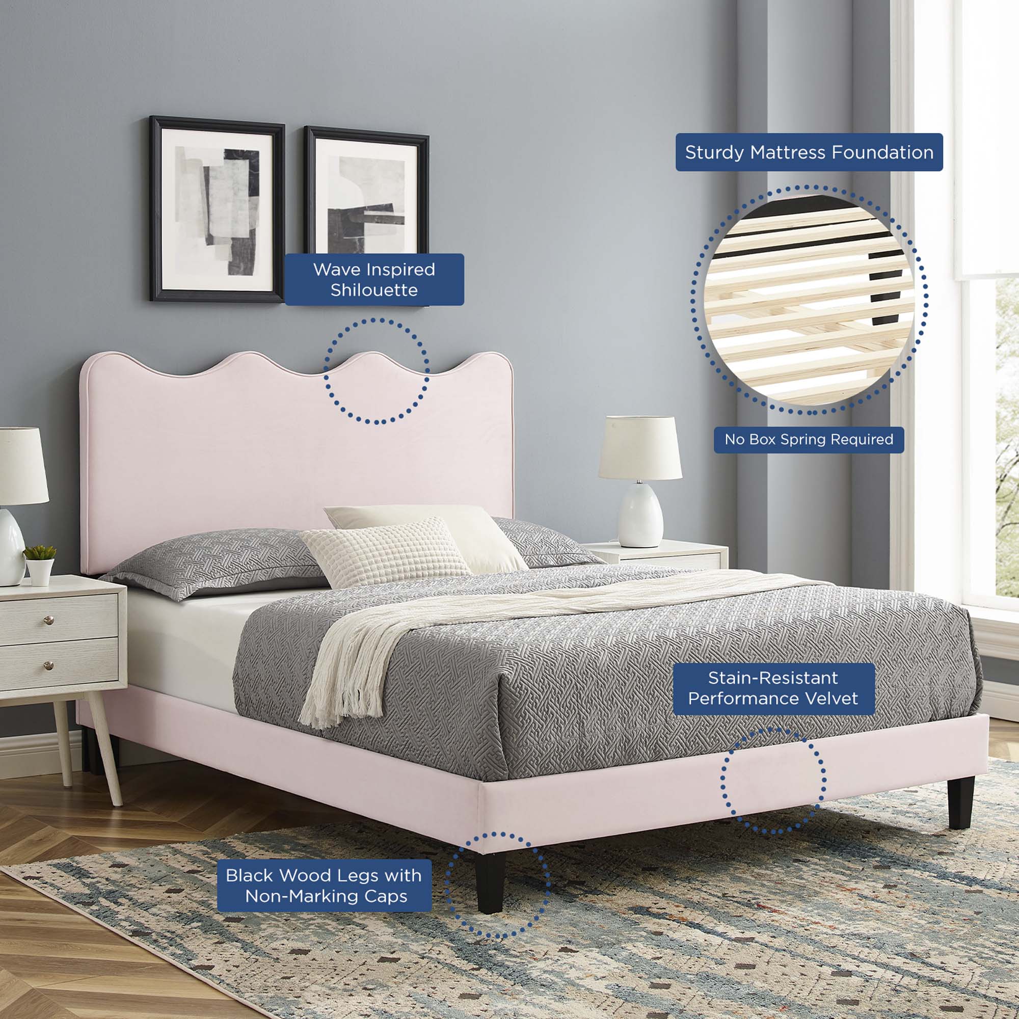 Current Performance Velvet Queen Platform Bed, Pink