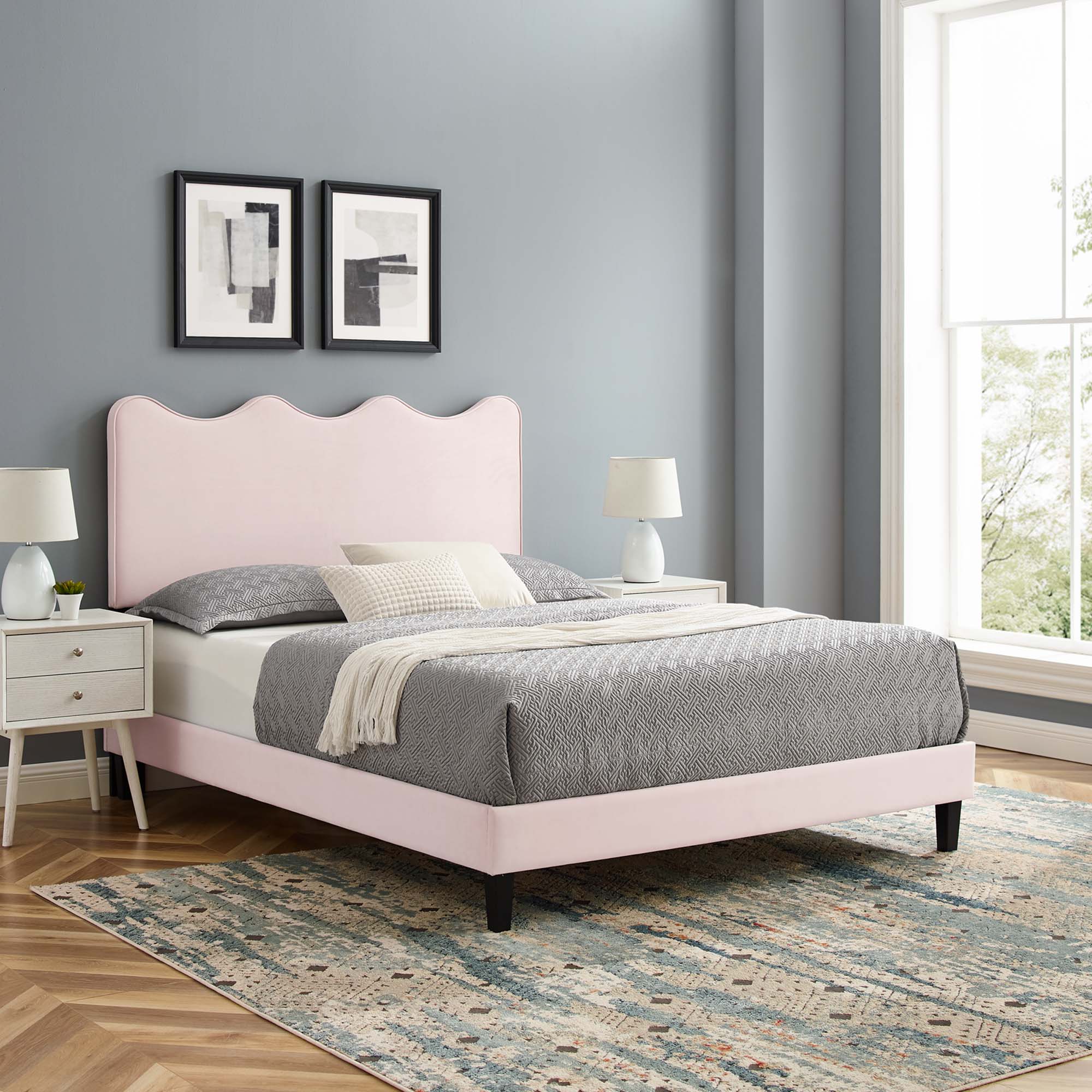 Current Performance Velvet Queen Platform Bed, Pink
