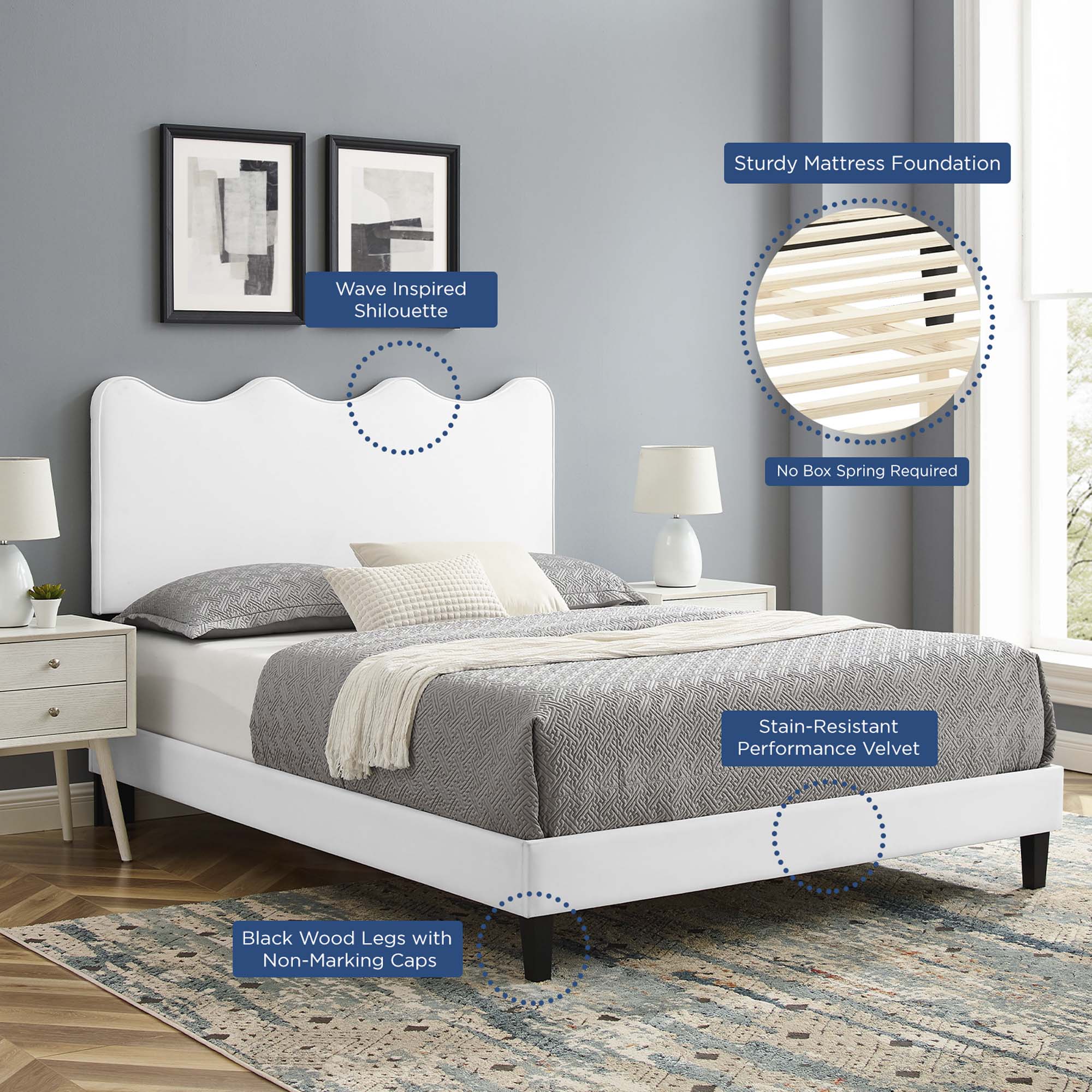 Queen Size Onyxia Platform Bed in White Velvet  Sleek Channel Tufted Headboard