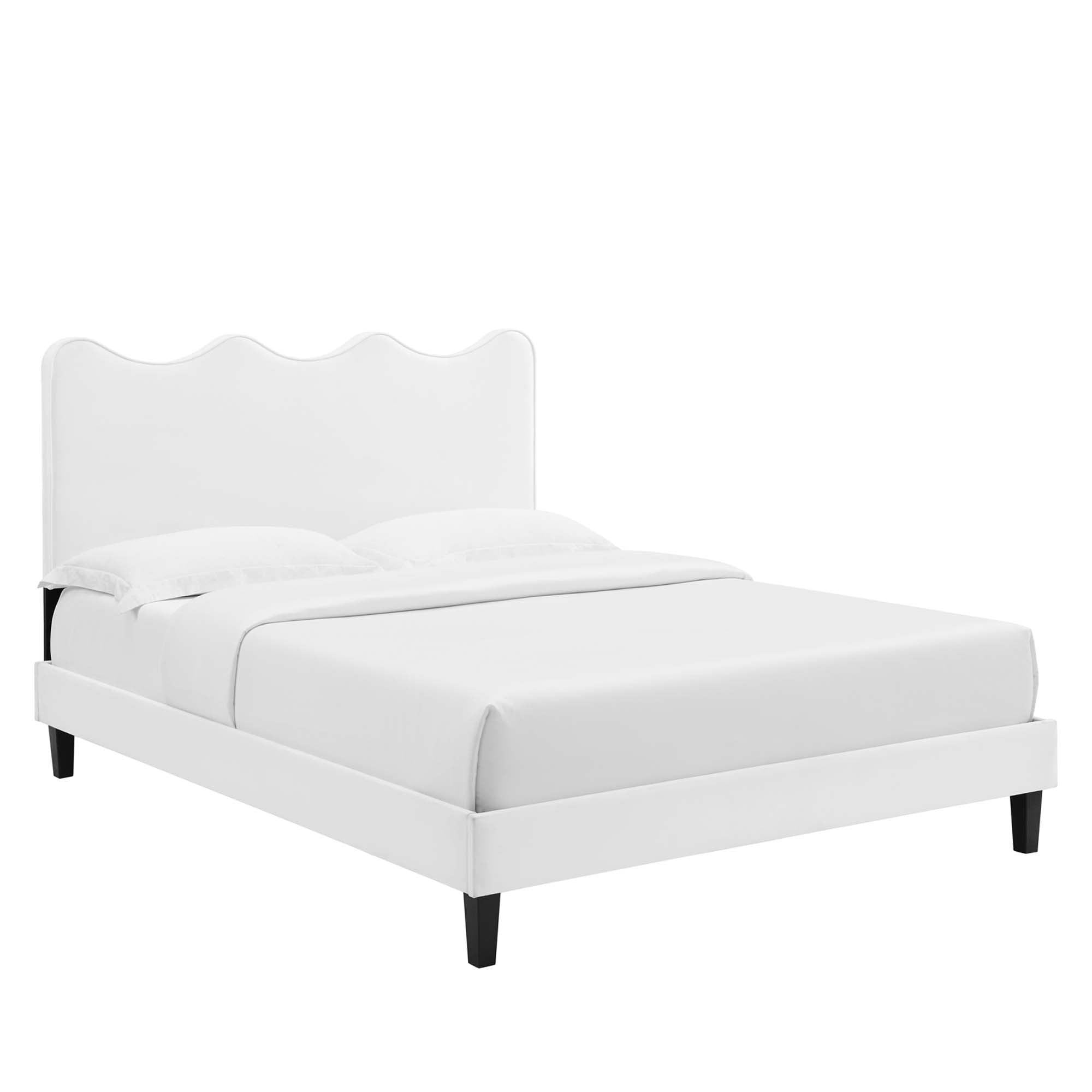 Queen Size Onyxia Platform Bed in White Velvet  Sleek Channel Tufted Headboard