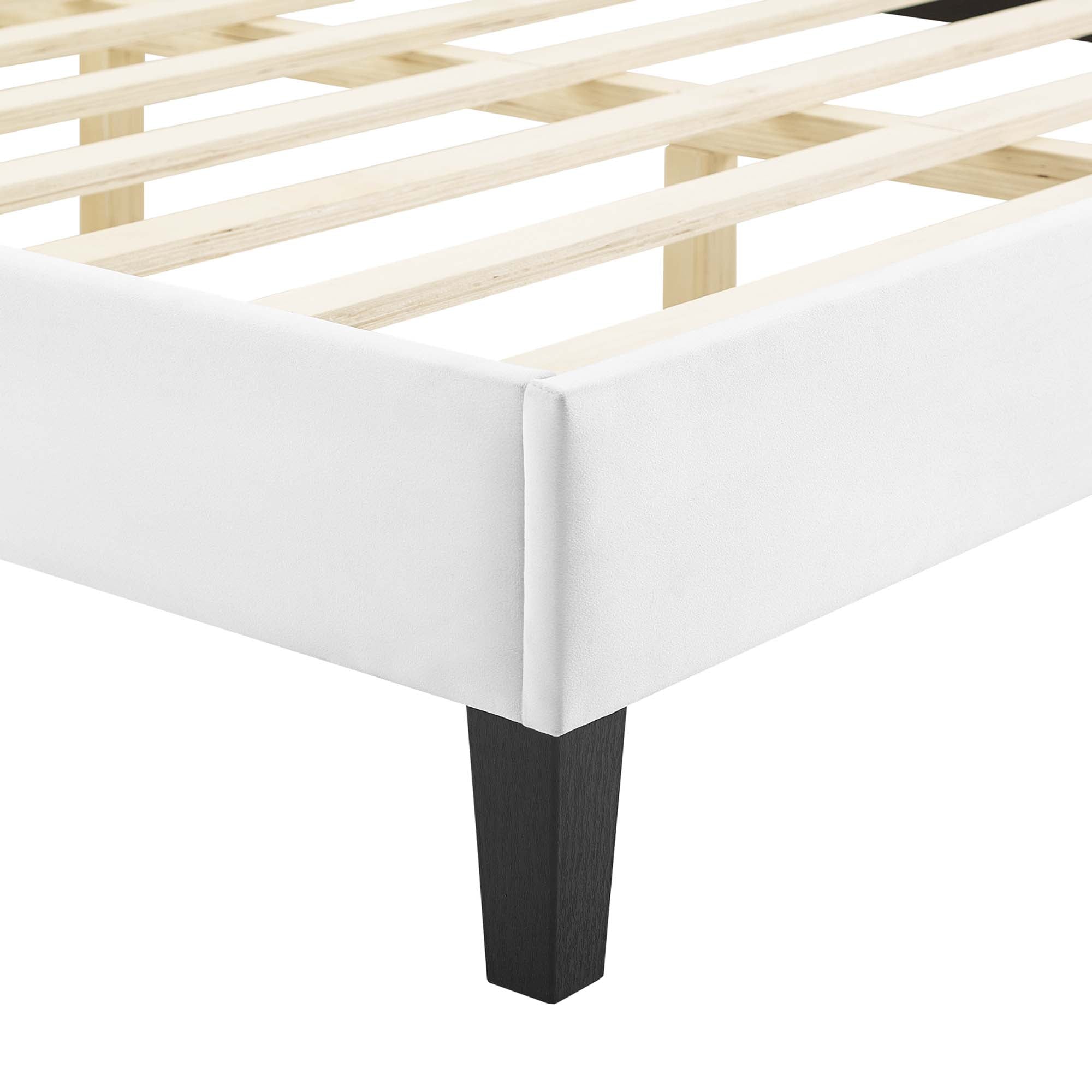 Queen Size Onyxia Platform Bed in White Velvet  Sleek Channel Tufted Headboard