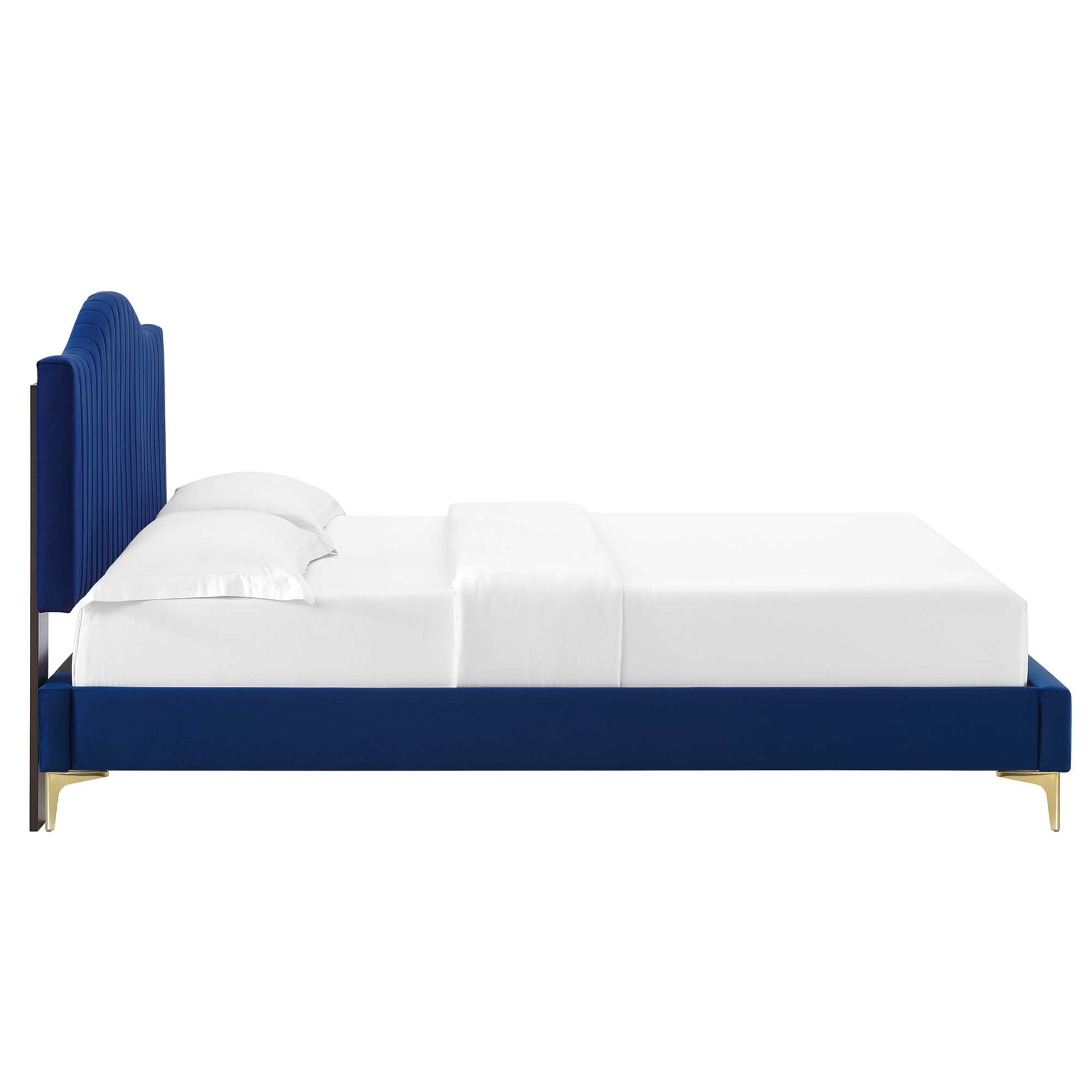 Aviator Queen Navy Performance Velvet Platform Bed – Channel Tufted Curved Headboard
