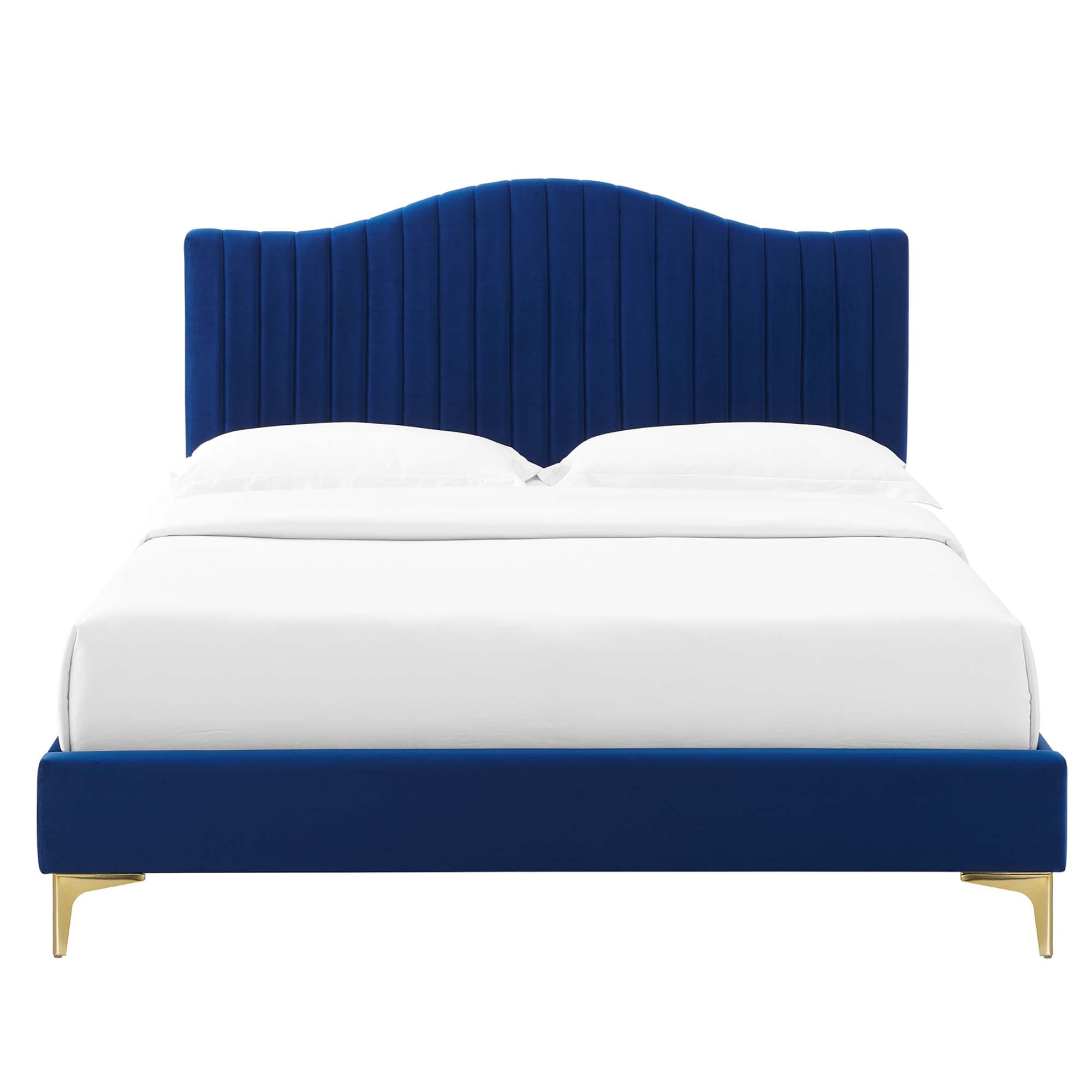 Aviator Queen Navy Performance Velvet Platform Bed – Channel Tufted Curved Headboard
