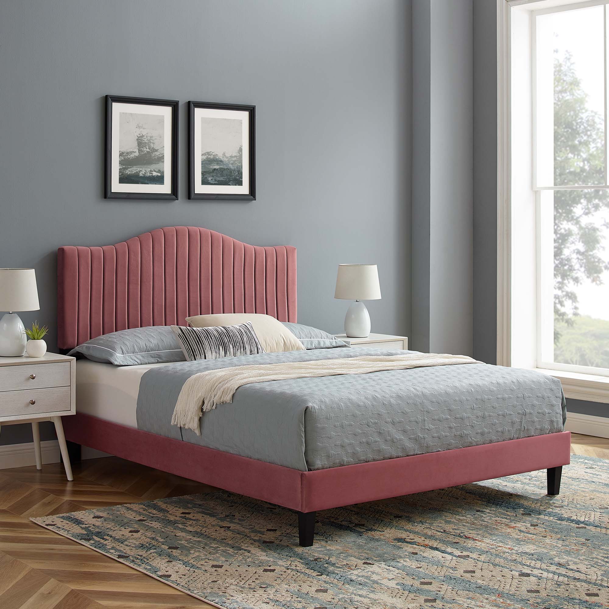 Juniper Dusty Rose Channel Tufted Performance Velvet Queen Platform Bed