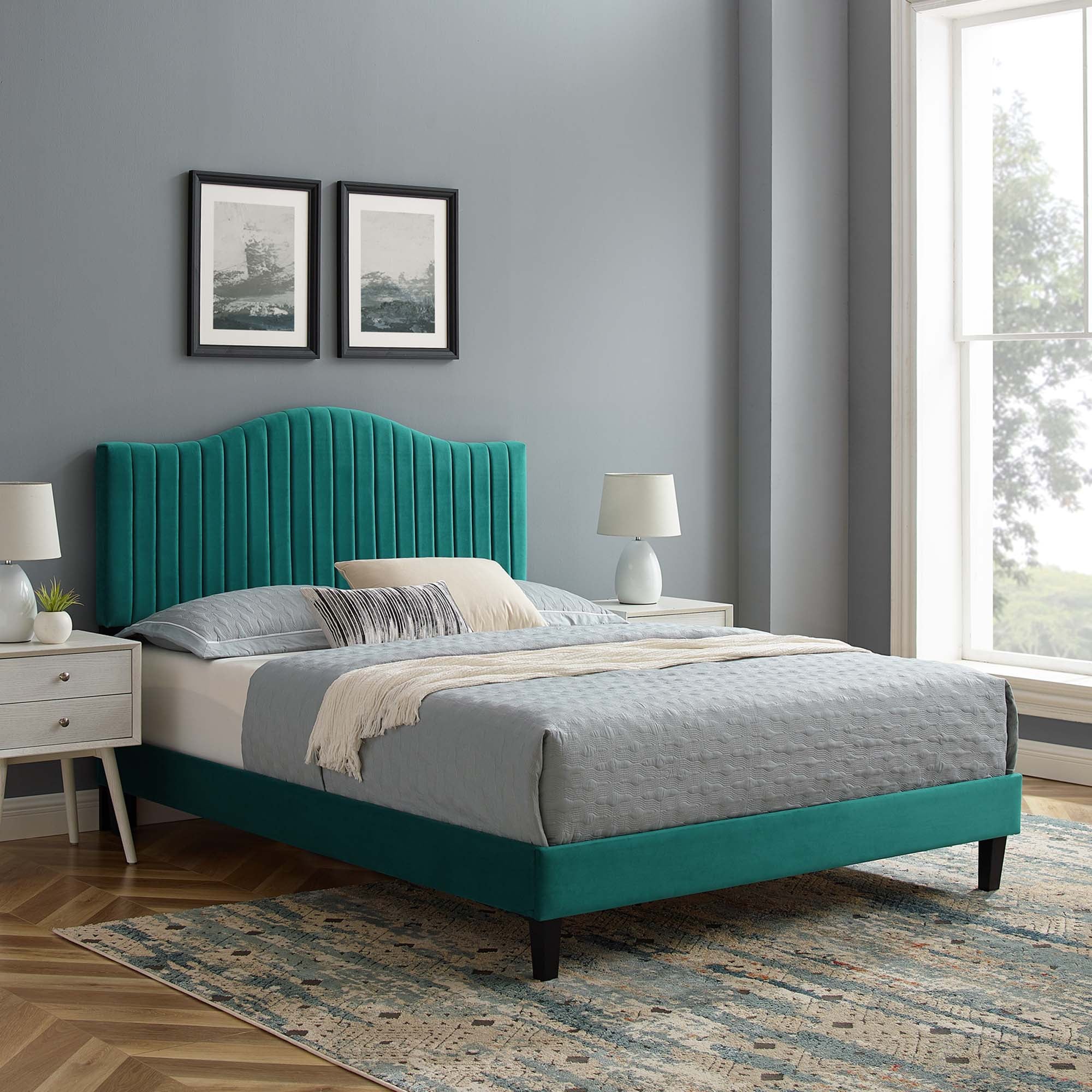 Full Eldra Performance Velvet Platform Bed  Channel Tufted Curved Headboard